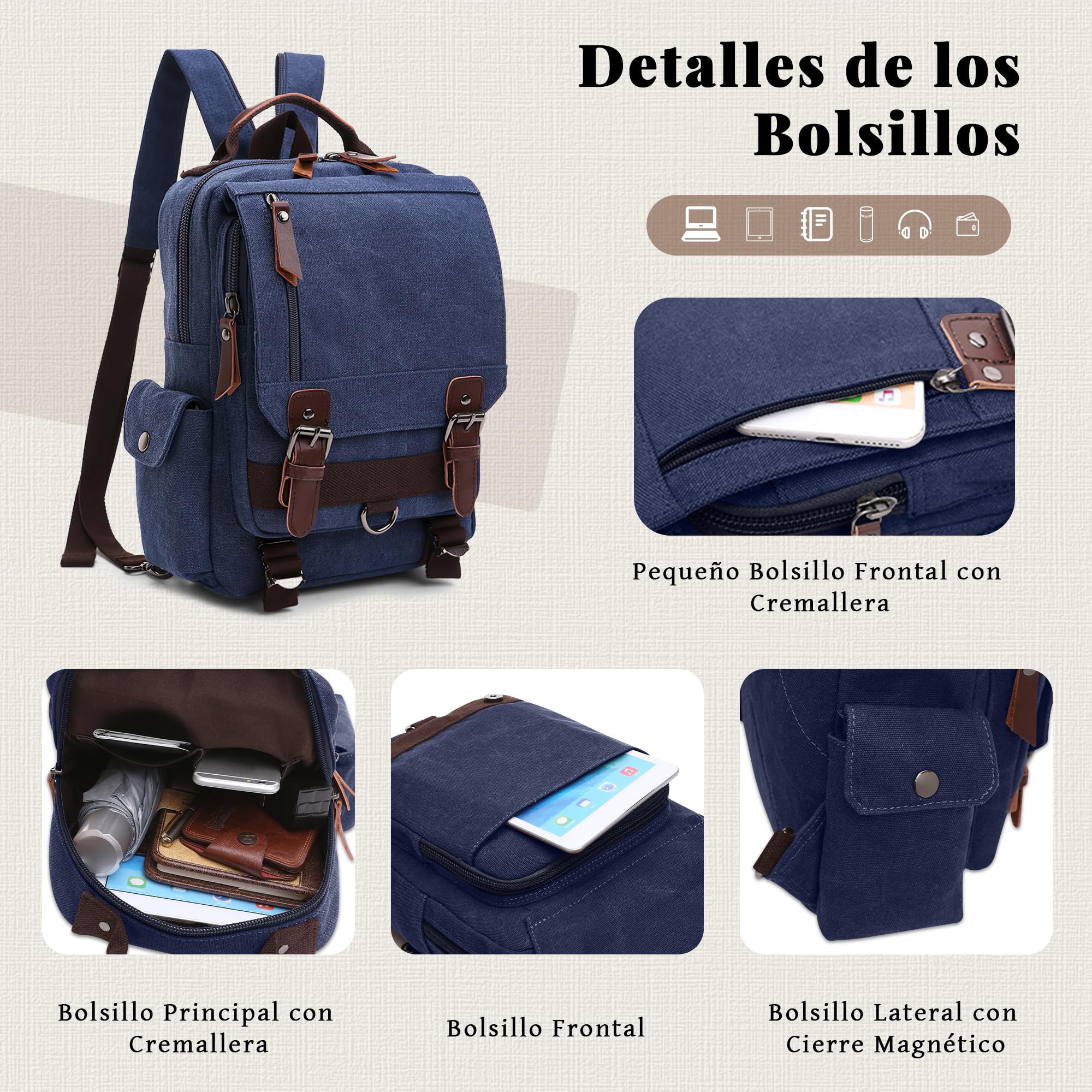 VARLIVOO Retro Sling Bag Bolsos de Hombro para Hombre Mujer Bolsos Cruzados Bandolera Bolsa de Pecho Crossbody Bolsa Senderismo Viajes Cámping Ciclismo Montañismo Lona Backpack Azul Oscuro B