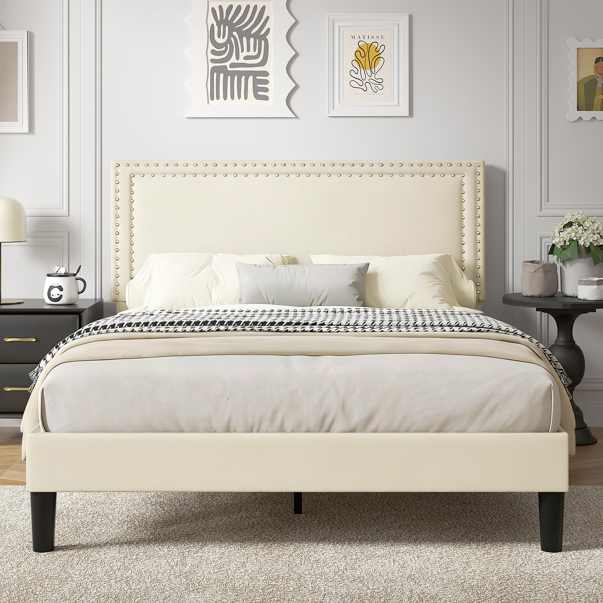 VECELO Queen Size Platform Bed Frame with Height Adjustable Upholstered Headboard, Modern Mattress Foundation,Strong Wood Slat Support, No Box Spring