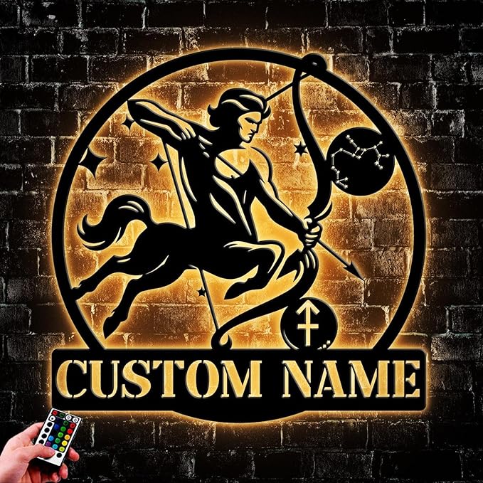 Personalized Sagittarius Zodiac Metal Sign with LED Light, Custom Horoscope Name Wall Art Decor, Gift for Star Sign Lover for Birthday Gift A113-NTMS95.9