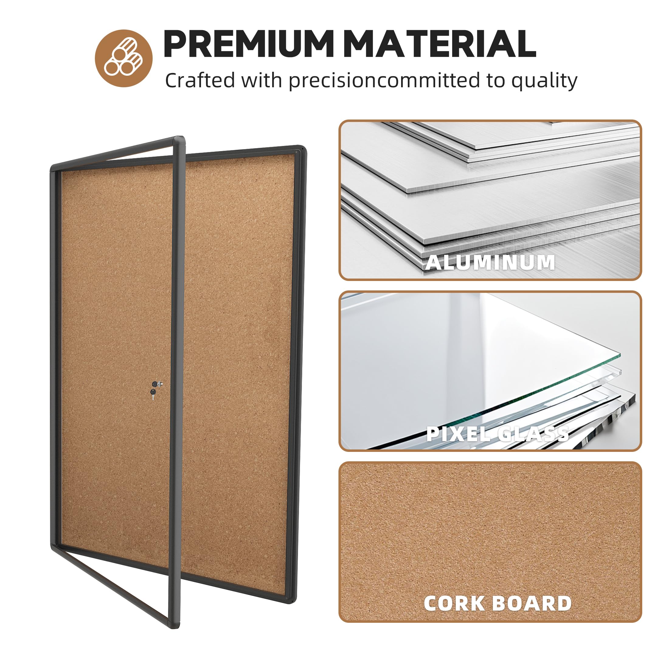 INNOVART Geschlossene Pinnwand, 96,5 x 71,1 cm, abschließbare Pinnwand, Kork-Pinnwand mit schwarzem Aluminiumrahmen, Wandvitrine mit aufklappbarer Tür, Informationsschrank für Schule, Büro, Gewerbe