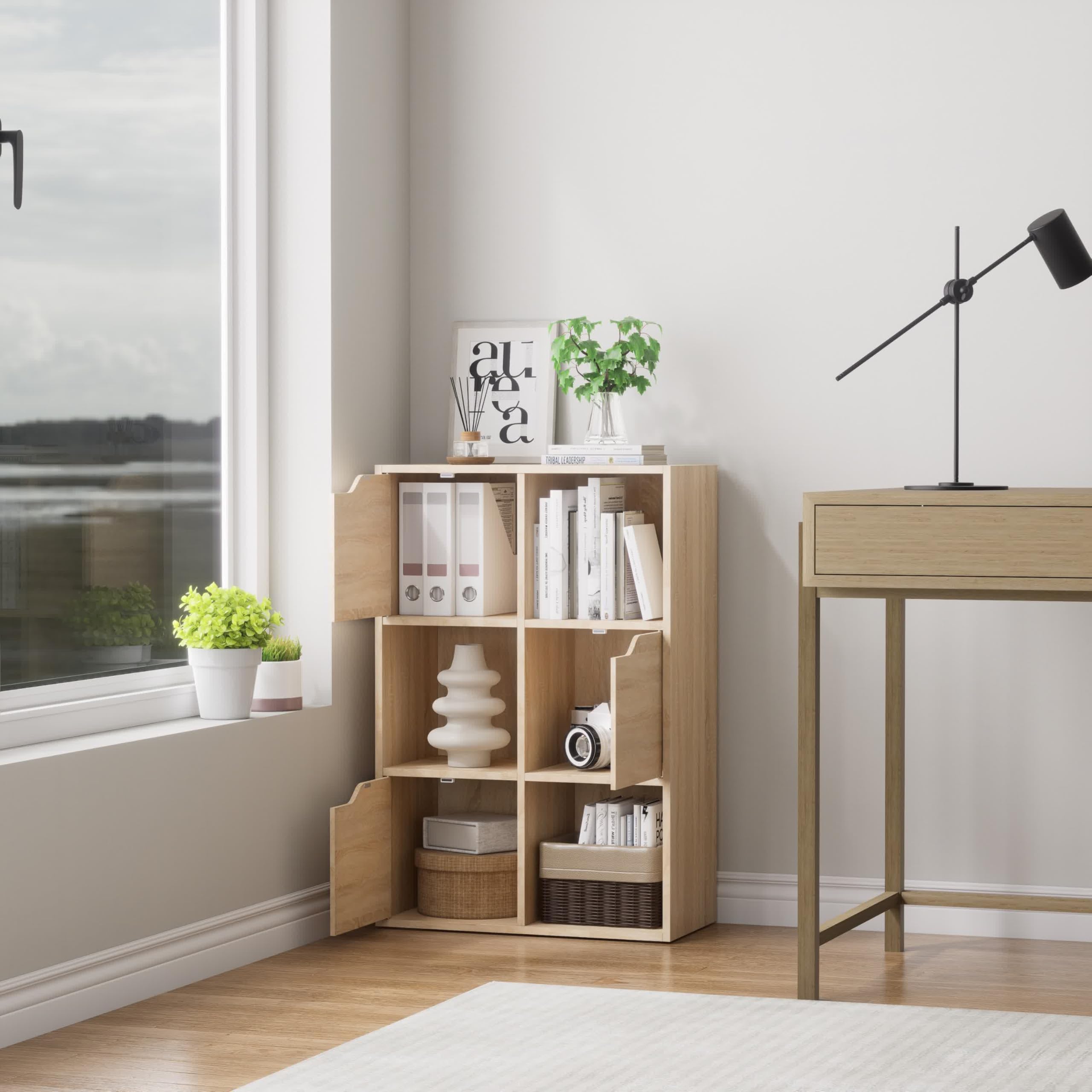 Garvis Standregal 6 Fächer (3 Türen) – Schmal 60x92x29 cm – Kompaktes Kombiregal für Büro & Wohnzimmer (Sonoma Eiche)