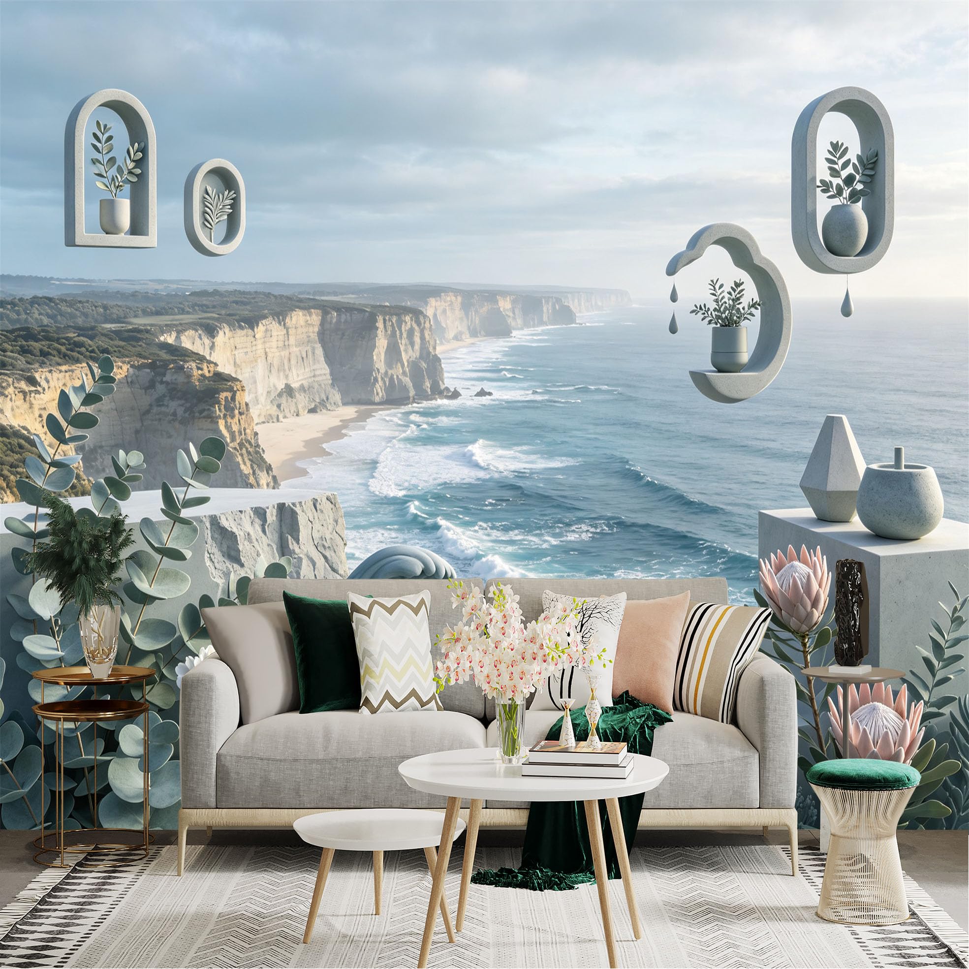 Lnzczhyre Bh260719219 Custom Size Wall Sticker Mural， Coastal Cliff Landscape With Floating Shelves， Exotic Flowers And Zen Stones， For Wall Decoration， Peelandstick Wall Decals.