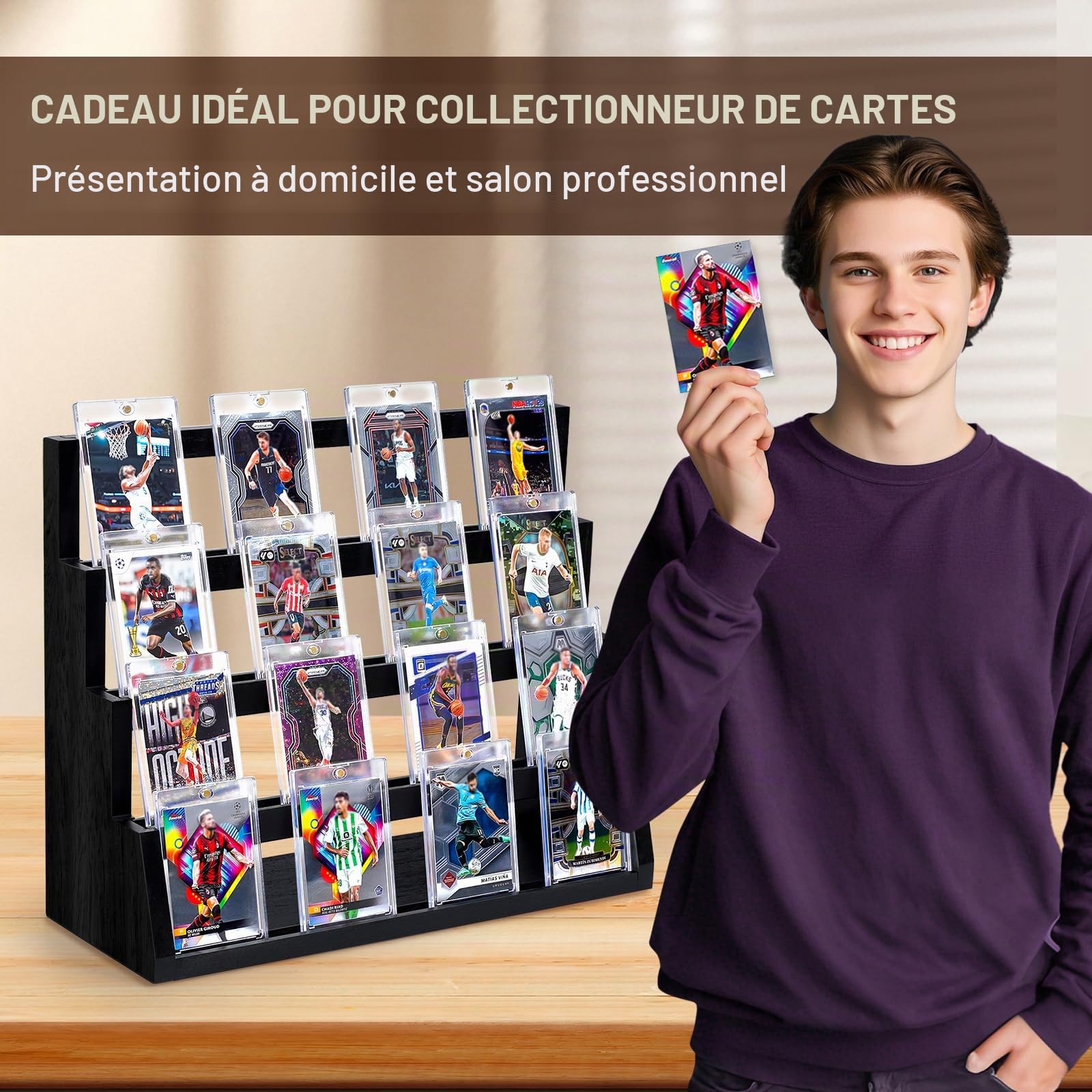 Présentoir de cartes à collectionner en bois à 4 étages - Avec porte-cartes et compartiments réglables - Pour la collecte et l'exposition de cartes de sport - Noir