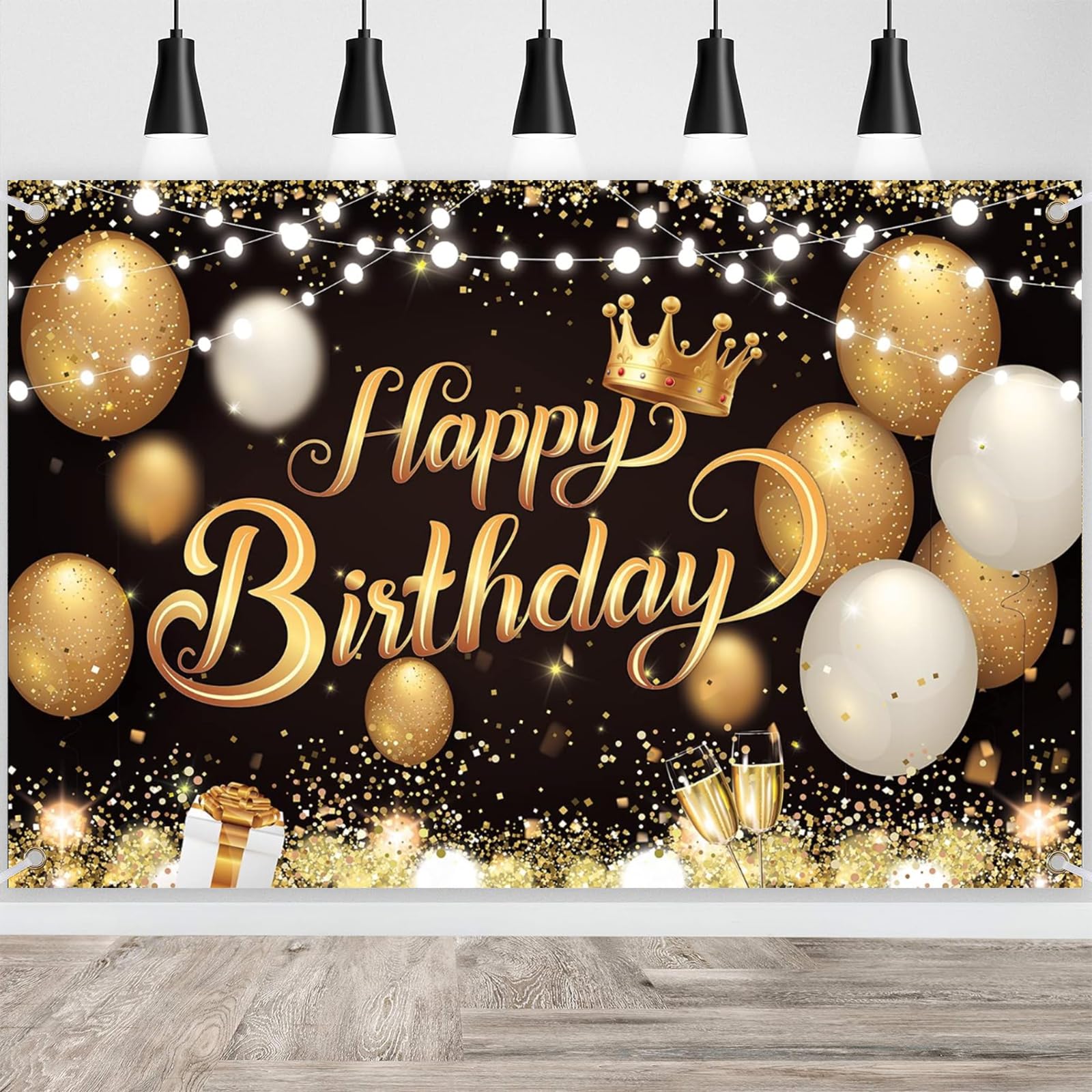 Happy Birthday Banner, Black Gold Party Backdrop, Large Sign Poster for Women Men Anniversary Party Decorations