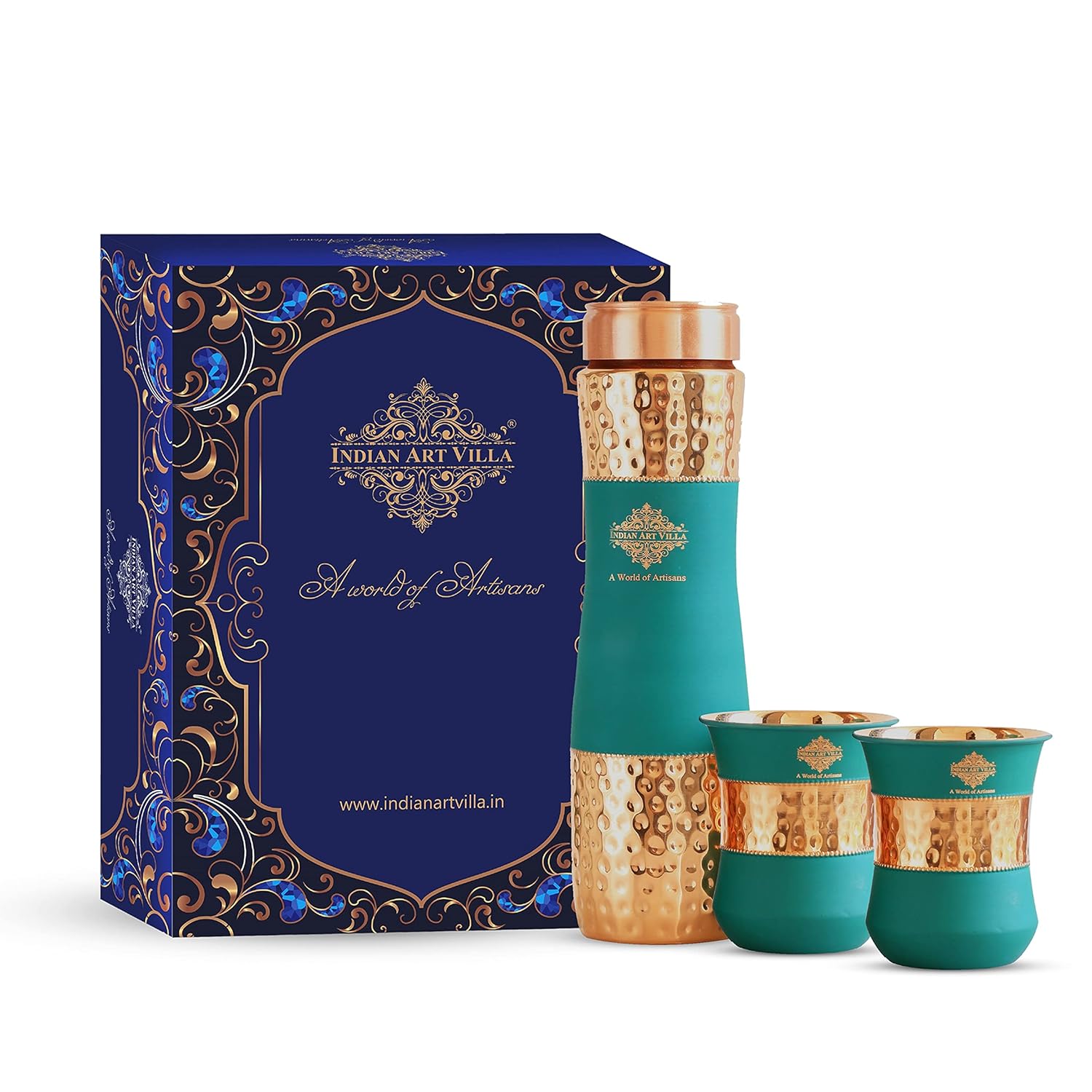 INDIAN ART VILLA Copper Drinkware in Green Silk Finish, Set of 2 Glass and 1 Bottle, Volume – Glass 275 ML, Bottle 1000 ML