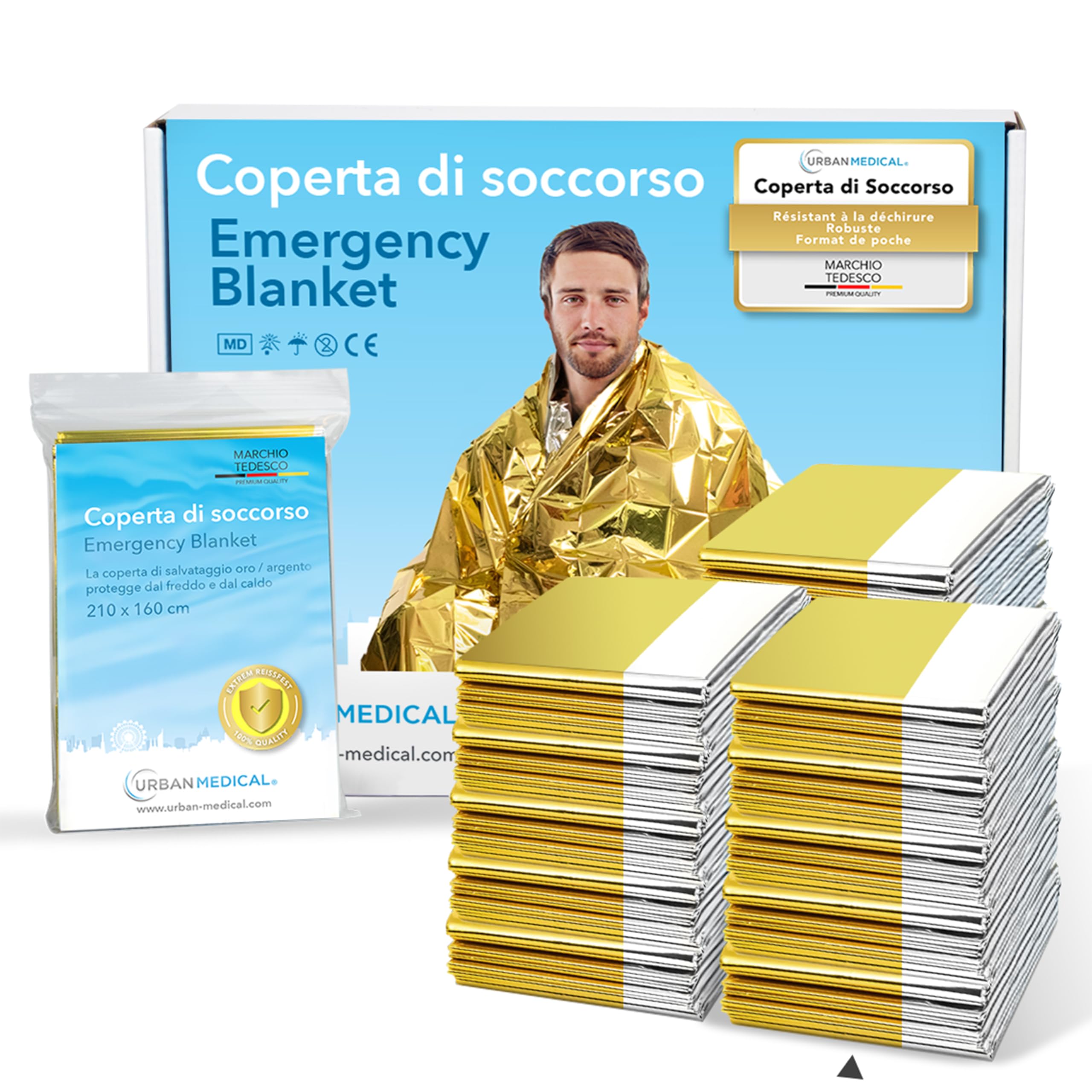Premium Coperta Termica di Emergenza | 5-15 Pezzi | Telo Termico Bifacciale - Oro/Argento - Per Kit di Pronto Soccorso e Sopravvivenza - Protezione dal Caldo e dal Freddo - 210 x 160 cm