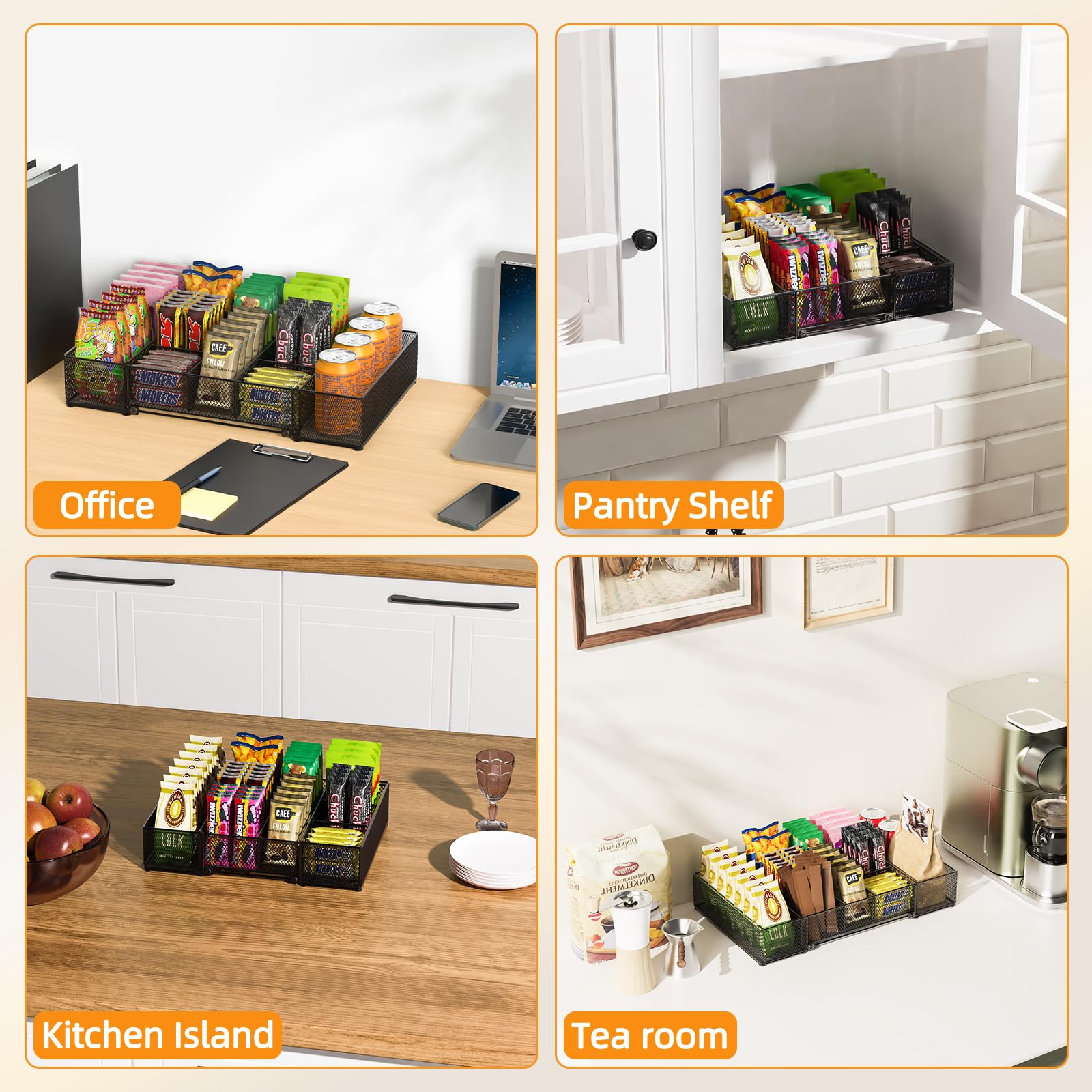 Organizador de aperitivos expandible, contenedor de aperitivos ajustable con 9 compartimentos, encimera de cocina y bandeja de almacenamiento de despensa para bolsas de té, cápsulas de