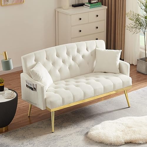 Miniatura 7 de Antetek Sofá Loveseat Tapizado de Terciopelo, Sofá Pequeño Moderno con Bolsillo Lateral y Patas de Metal Dorado, Sofá de Ocio Acolchado para Sala de