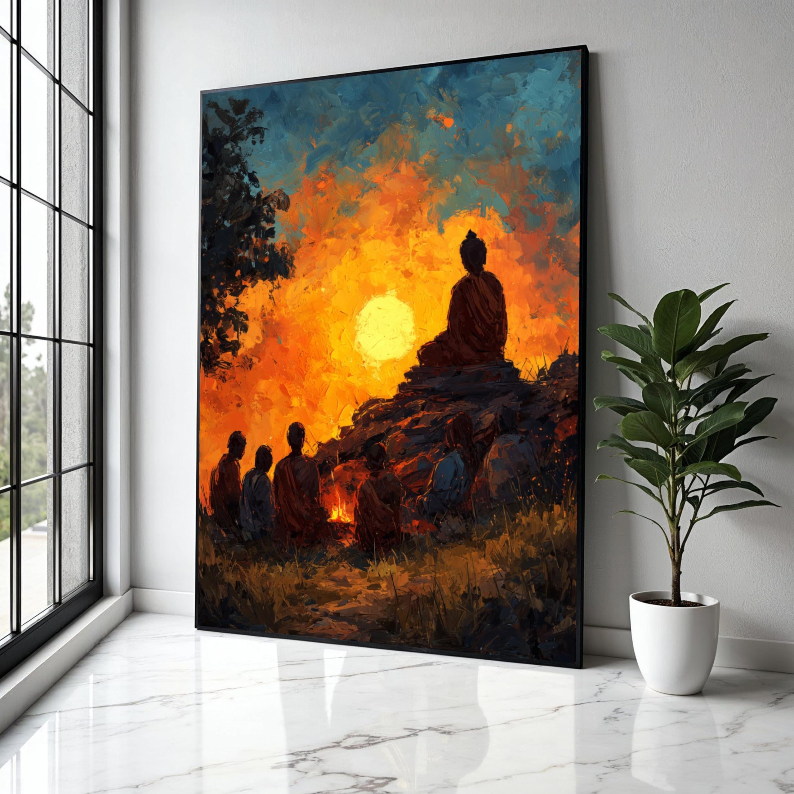 YUSUZHU Meditative Monk Silhouette at Sunset, Spiritual Canvas Wall Art, Nature Scene, Zen Buddhist, Home Decor, Print Painting(50x70cm/Frameless)