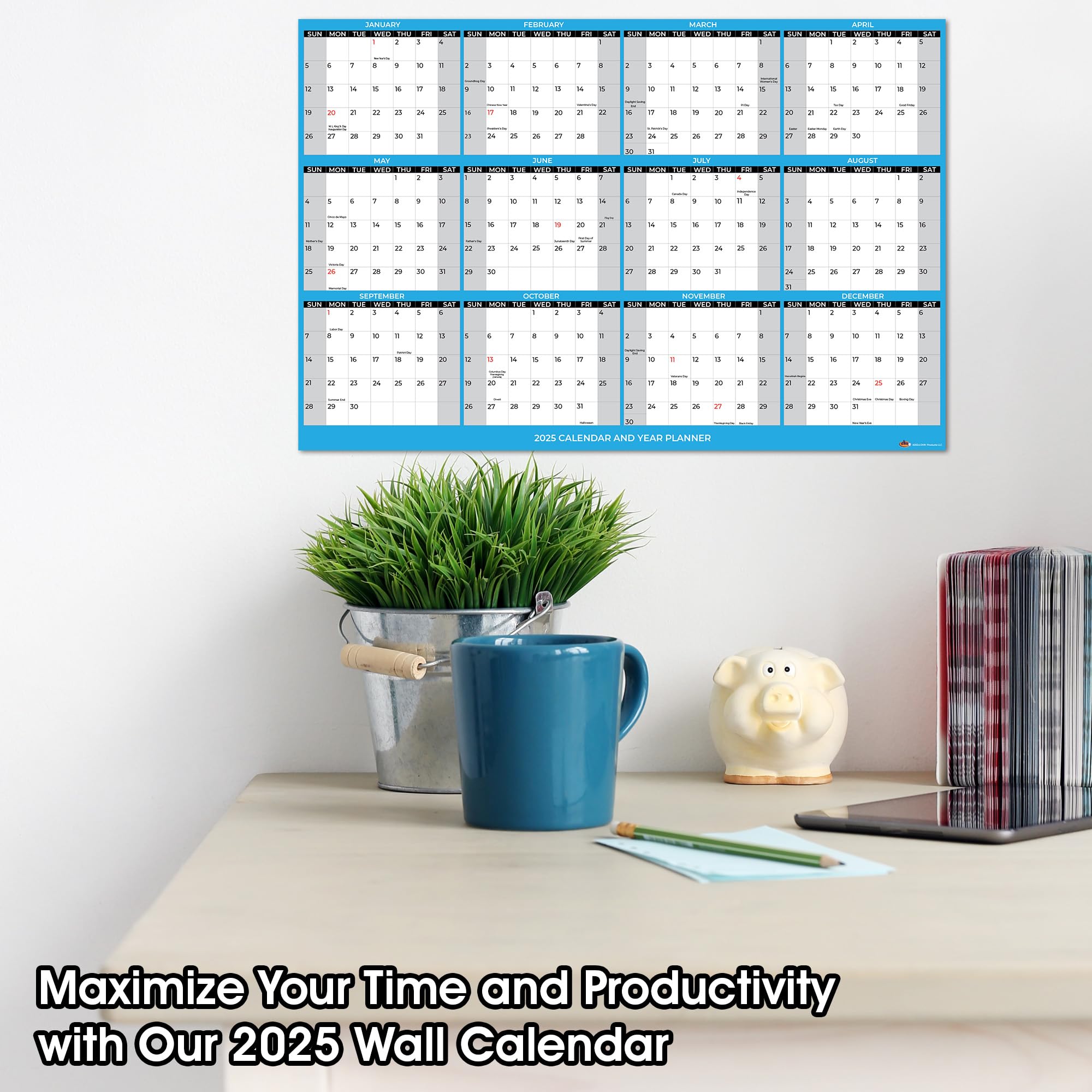 Calendario de pared 2025, tamaño grande, 24 x 36 pulgadas, plegado en papel, planificador anual de pared de 12 meses, reversible, horizontal/vertical
