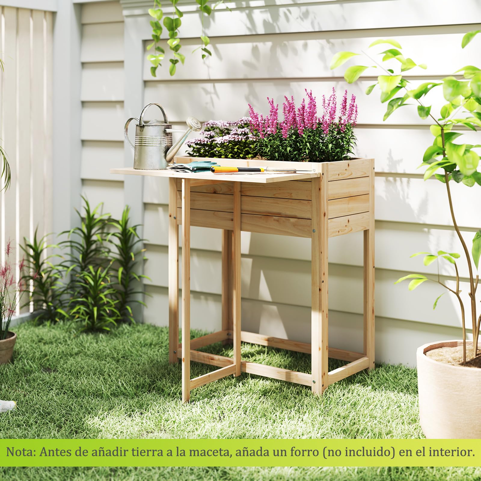 COSTWAY Cama de Jardín Elevada de Madera con Patas, Mesa Lateral Plegable, Drenaje, Caja de Plantación Elevada para Flores Hierbas Verduras Frutas, Jardinera Interior Exterior para Patio Trasero