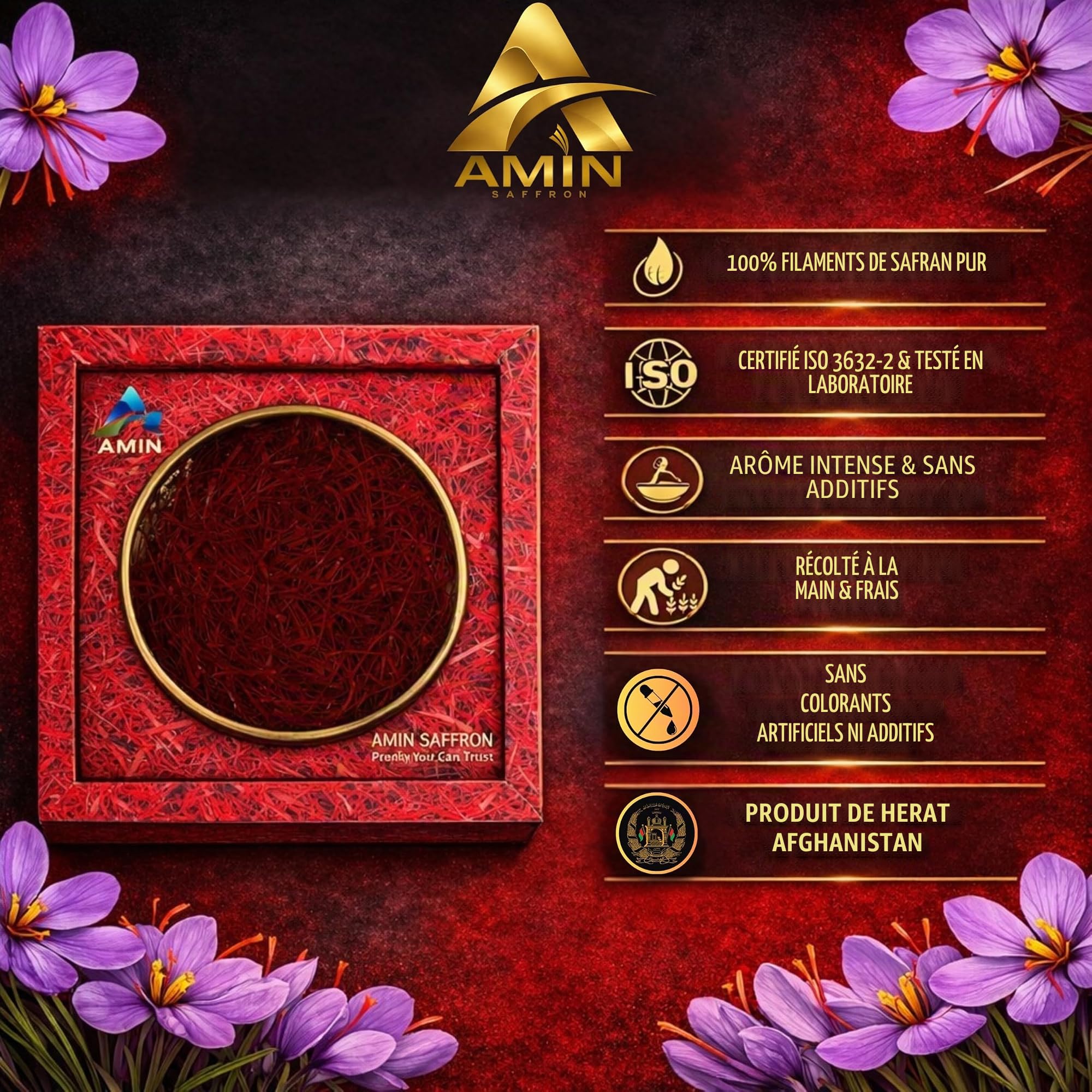 Amin Saffron Threads | Premium (Super Negin) Quality Saffron | 100 % naturel, harvested à la main et testé en laboratoire (5 g)