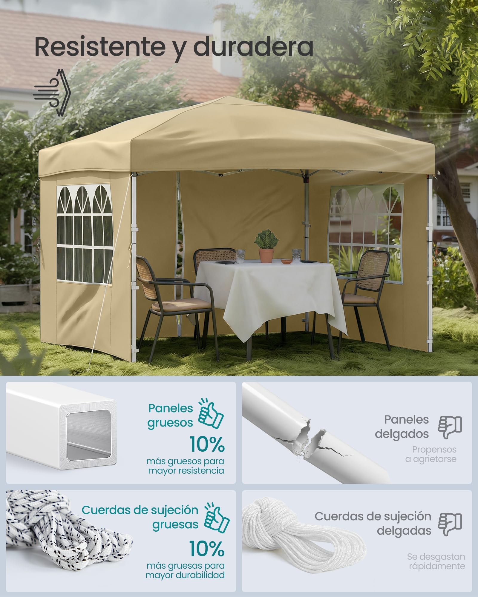 SONGMICS Cenador 3 x 3 m con Paneles Laterales, Carpa Plegable, Protección Solar, Resistente a Lluvia Ligera, Portátil, para Patio, Jardín, Mercadillo, Beige GCT104LZ01 — view 3