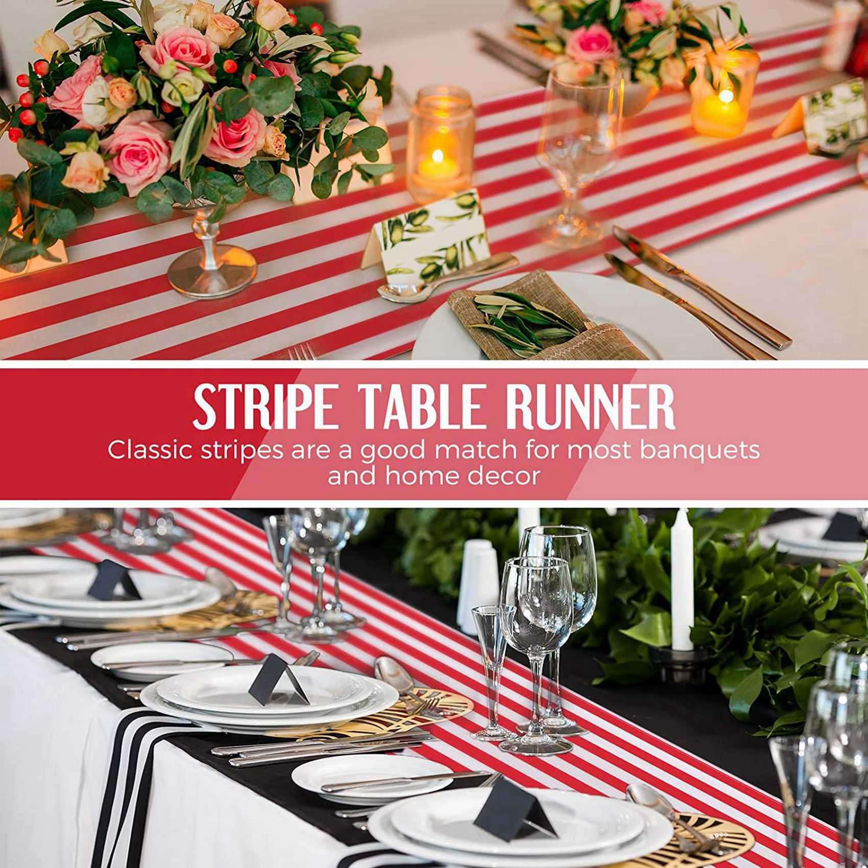 Lot de 18 chemins de table rayés en polyester - Décoration de table de mariage - Rouge et blanc - 12 x 108 cm