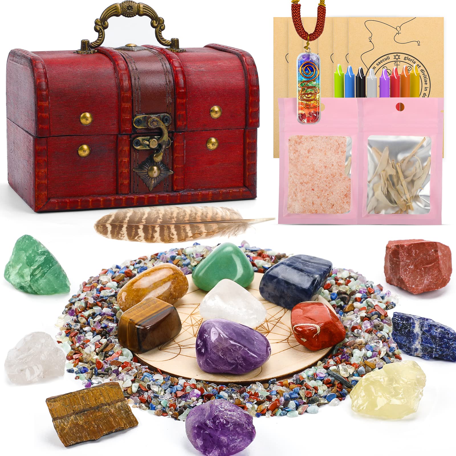 35PCS Crystals and Healing Stones Set, 7 Raw & Tumbled Chakra Stones, 80g Crushed Stones, Necklace, 8 Magic Candles, 7 Paper, Sage, Feather, Salt, Wooden Grid and Box for Beginners Meditation Yoga