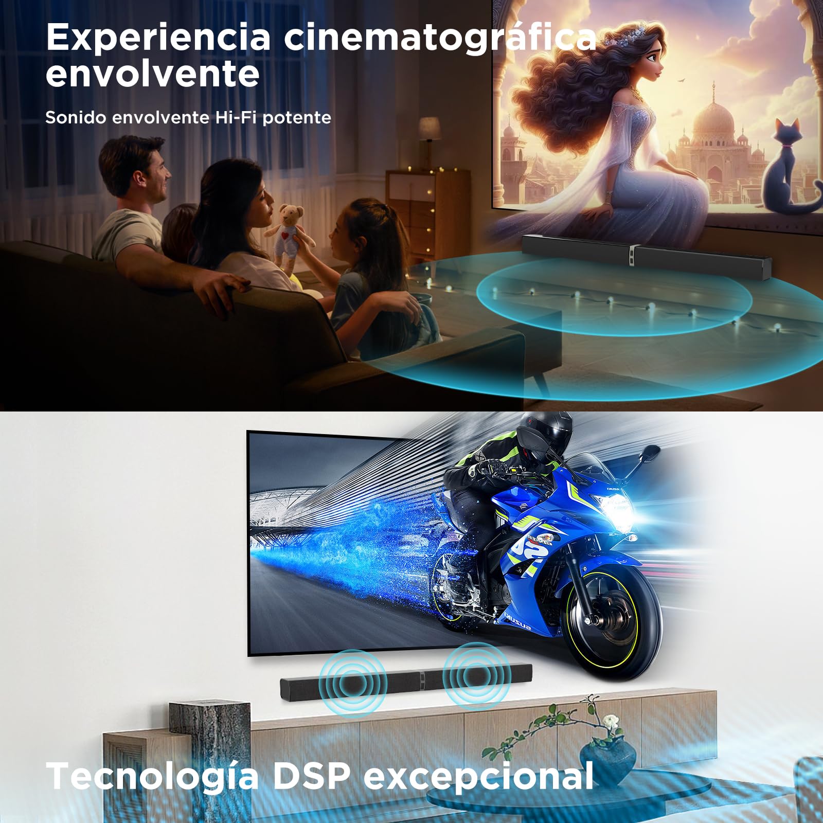 2.0 Barra de Sonido para TV, Barra de Sonido Separable 2 en 1 de 32 Pulgadas para Dispositivos de TV con 3 Modos de ecualización y 3 Sonidos envolventes, ARC/Óptico/AUX, 1pcs