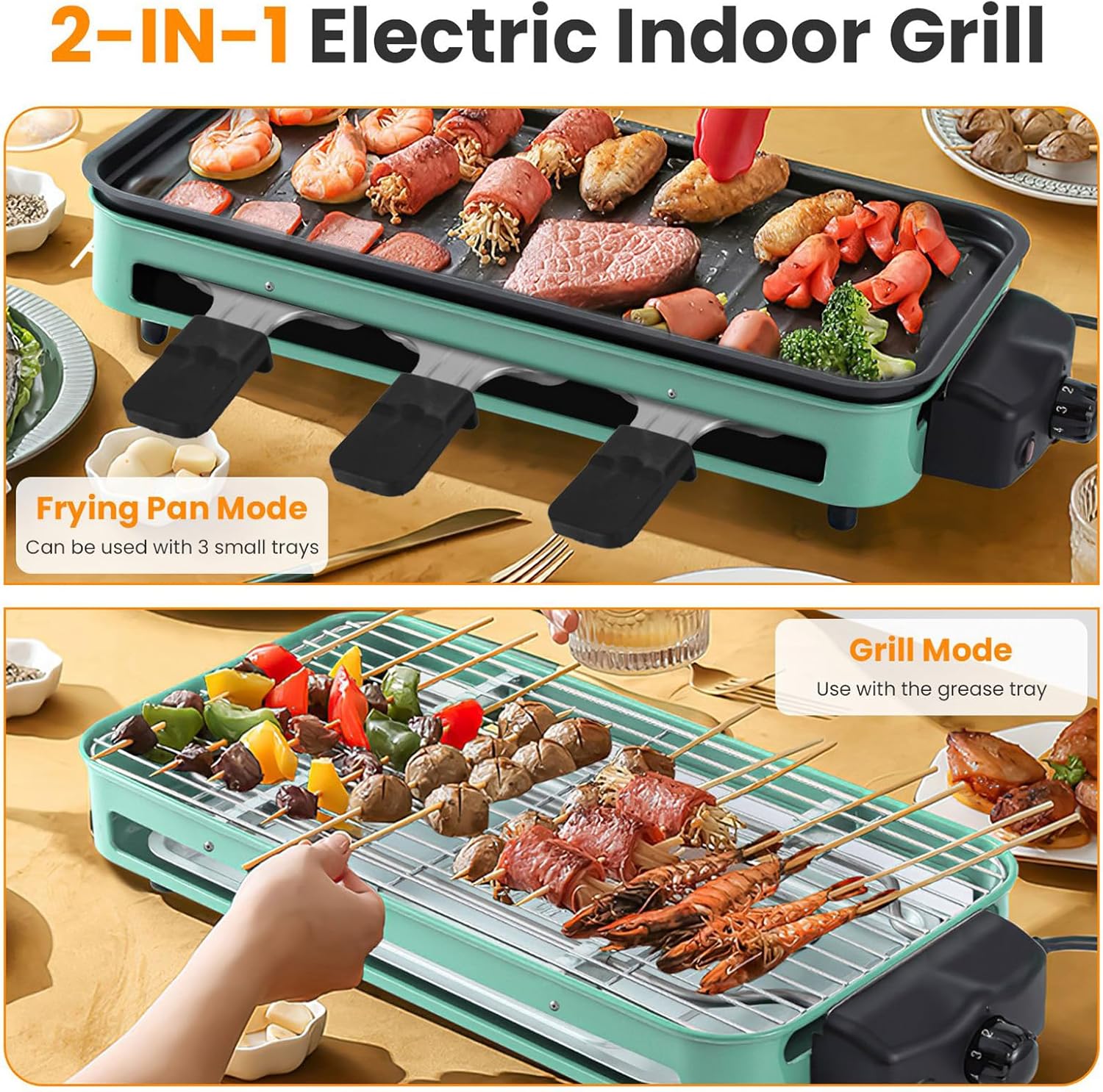 Electric Indoor Grill, 1500W 2 in 1 Electric BBQ Gill with Grill Net & Non-Stick Cooking Removable Plate, Portable Korean BBQ Grill for Kitchen, Adjustable Temperature Control