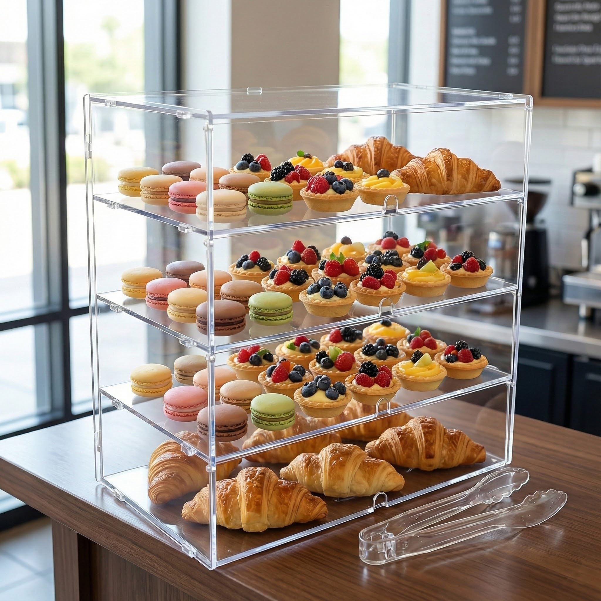 Espositore trasparente a 4 ripiani per pasticceria, vetrina per pasticceria, 49,5 x 52 x 26 cm, per feste, dessert, torte e pane, 5 mm, pannello PETG ad alto impatto
