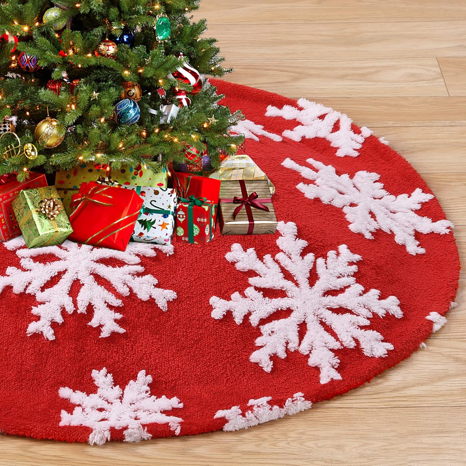 Christmas Tree Skirt Snowflake Red Faux Fur Tree Skirt 36 Inch Tree