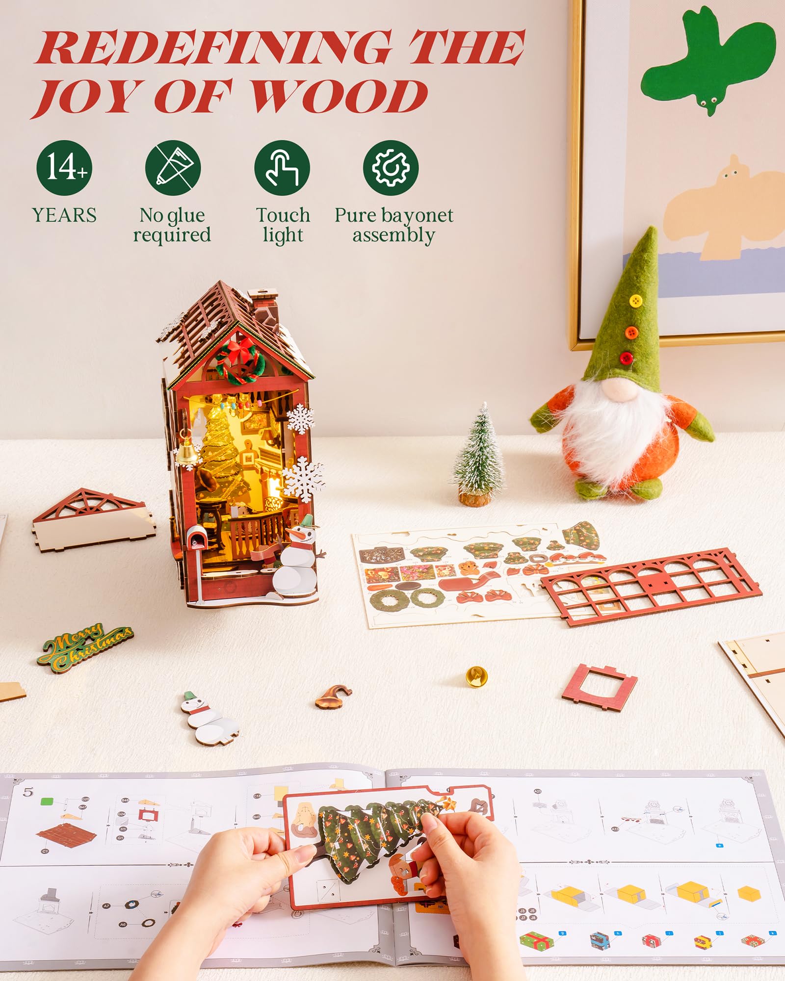 Rolife Book Nook Kit Calle e Interior de Navidad Casa de Muñecas Book Nook Kit Diorama con Árbol de Navidad Regalo para Adultos y Adolescentes (Escena Interior Navideña)
