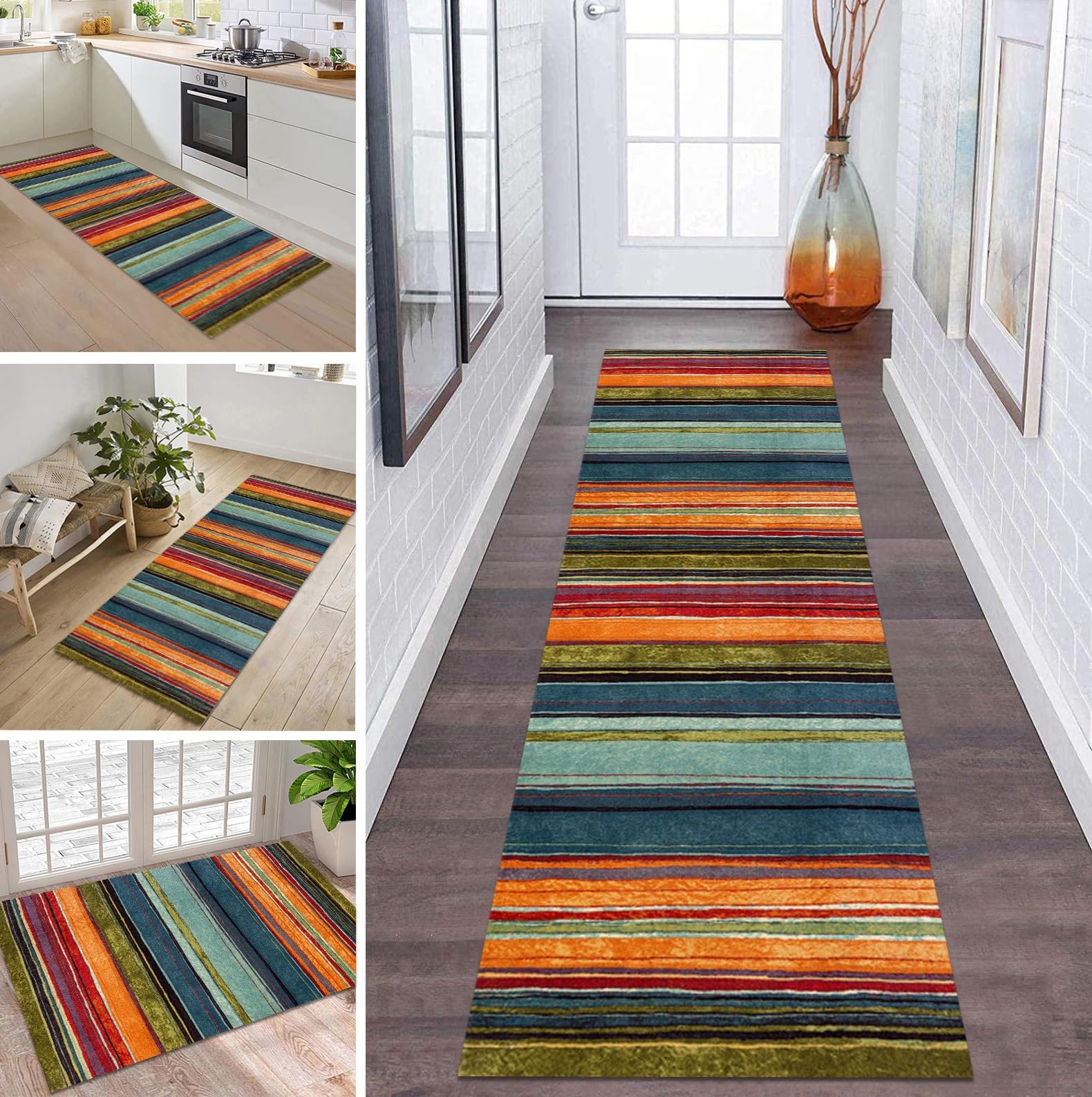 Alfombra de pasillo 90 x 200 cm, color naranja, azul y rojo, antideslizante, lavable, por metros, alfombra de cocina, lavable, para pasillo, salón, cocina, dormitorio, salón, pasillo