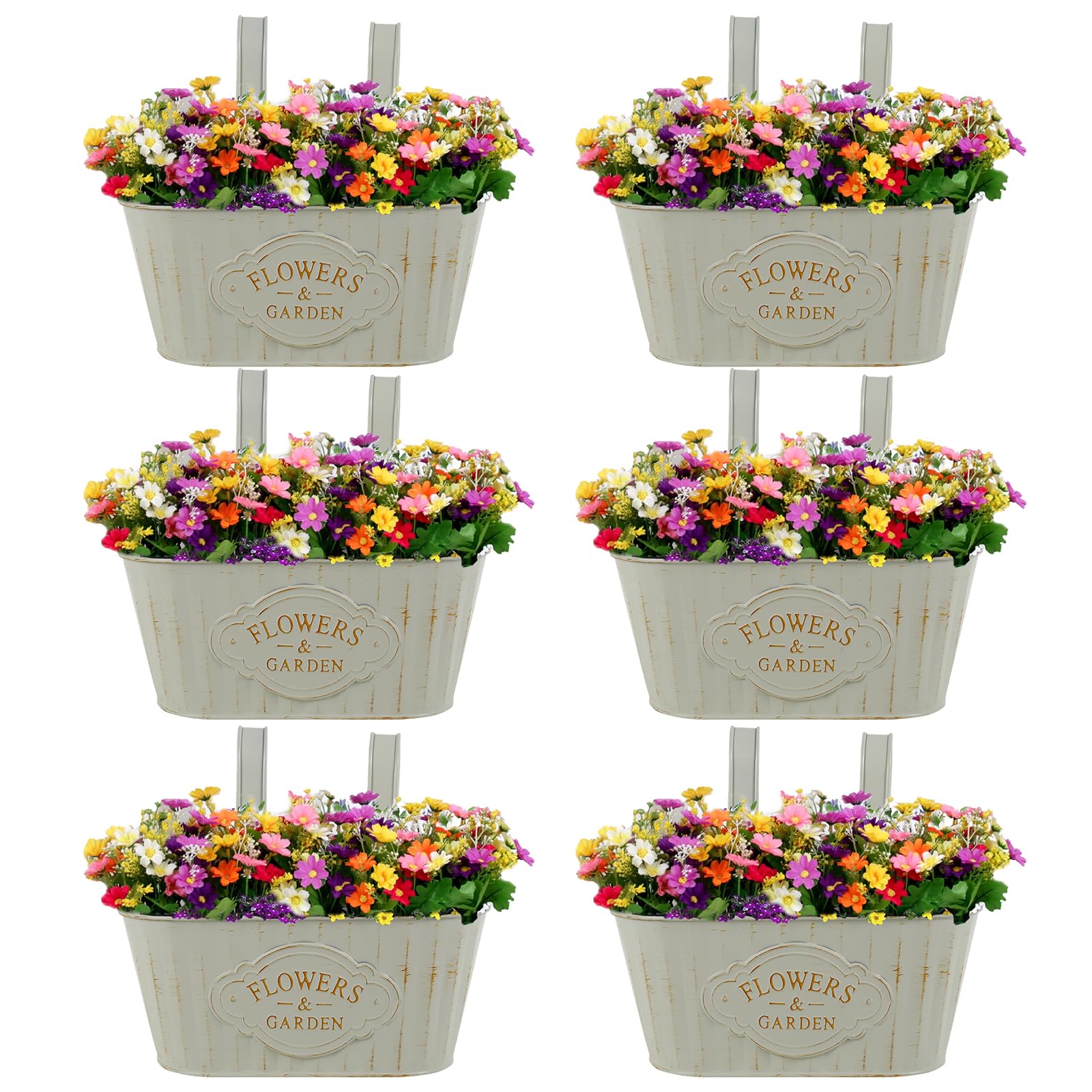 6Pcs Metal Hanging Flower Pots Oval Railing Planter with Drainage Vintage Rustproof Balcony Bucket Pots Decorative Wall Brackets Holder for Fence Balcony Garden Wall Home Decor Outdoor Patio(6pcs)