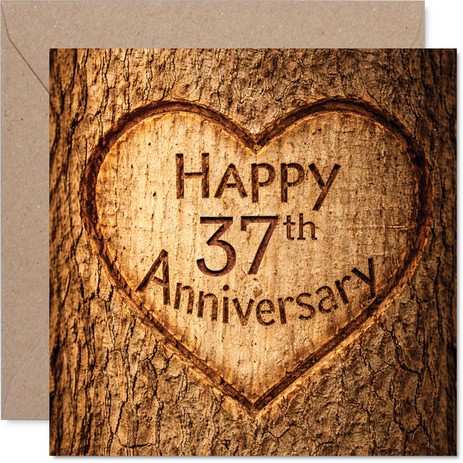 Heartfelt 37th Anniversary Card - Rustic Charm with a Carved Heart - Wood-effect Design for a Warm 37th Celebration - Touch of Countryside Romance - 145mm Square, Envelope Included