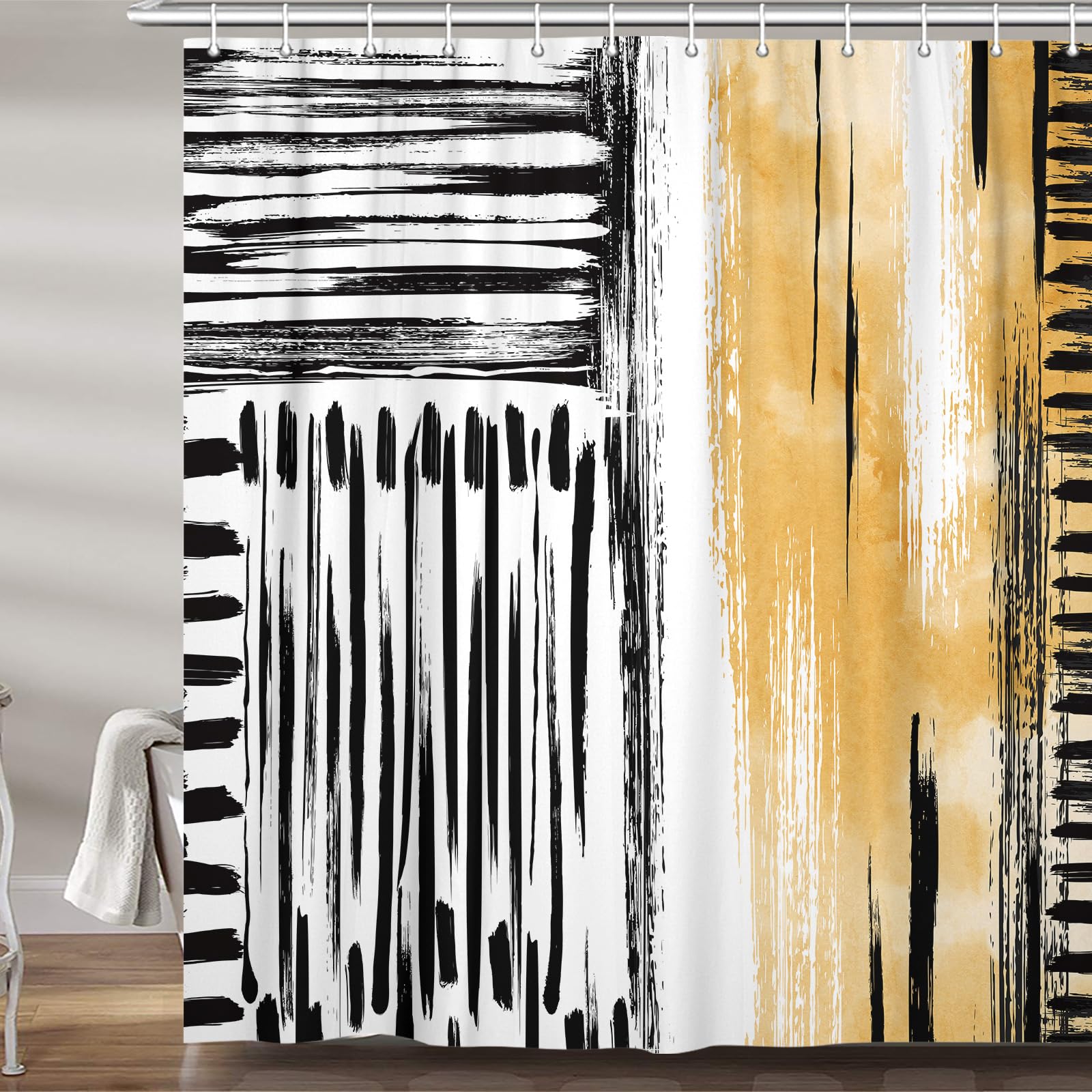 Abstract Designer Shower Curtain Aesthetic Art, Modern Neutral Black and White Yellow Brown Fabric Shower Curtains Set for Men Bathroom Decorative, Restroom Decor Accessories 60X72 Inch