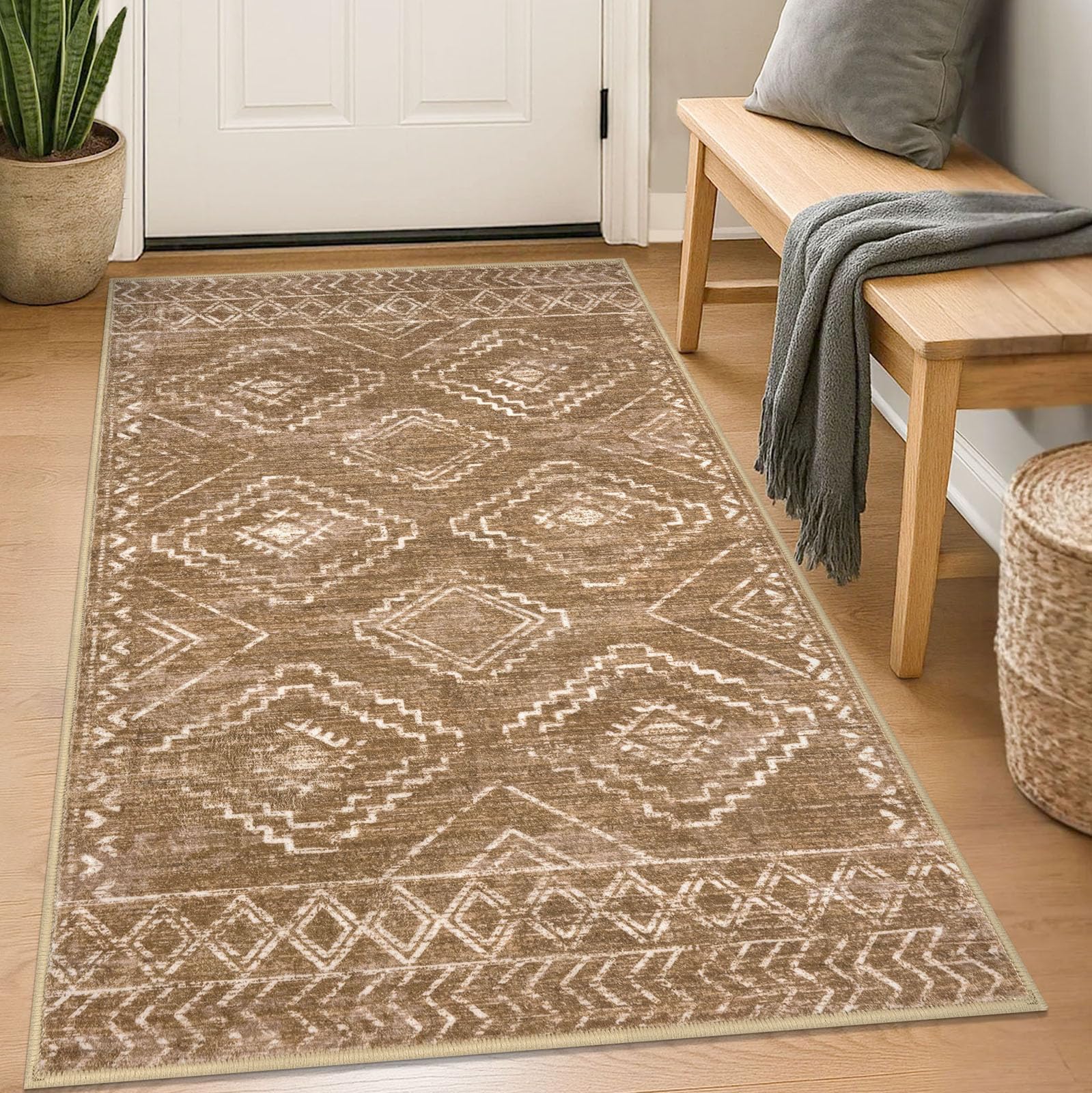 Photo 1 of KILOCOCO Entryway Rug 3x5 Area Rug Boho Washable Non Slip Printed Throw Rugs Soft for Kitchen Living Room Dining Bedroom Geometric Moroccan Carpet, Yellow Brown Orange