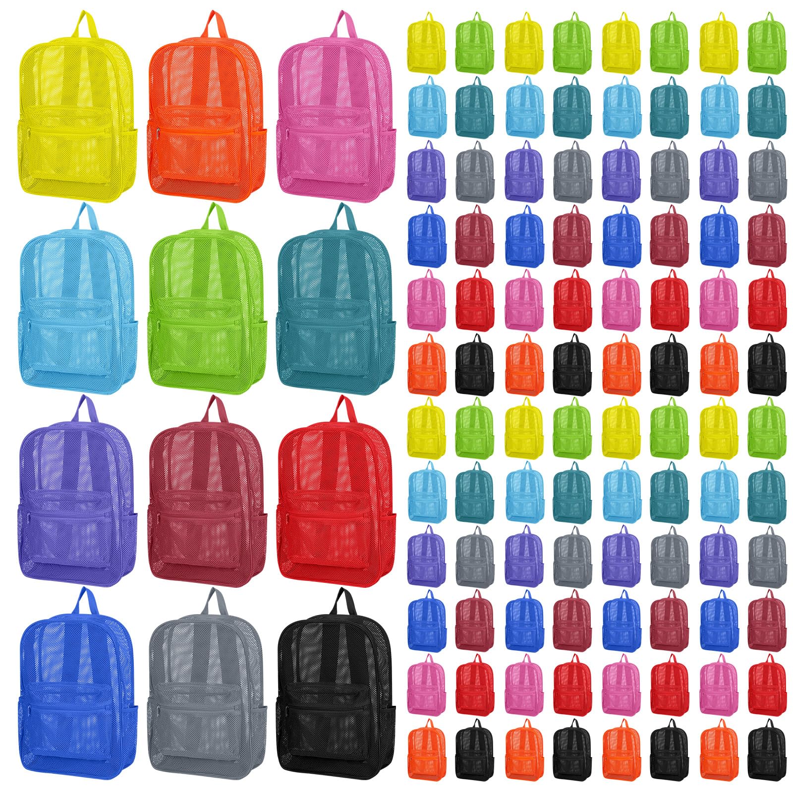 Photo 1 of Dansydaisy 100 Pack Mesh Backpacks Bulk 17 Inch Heavy Duty See Through Mesh Bookbags Bulk for Adults Beach Travel Supply (Multicolor)