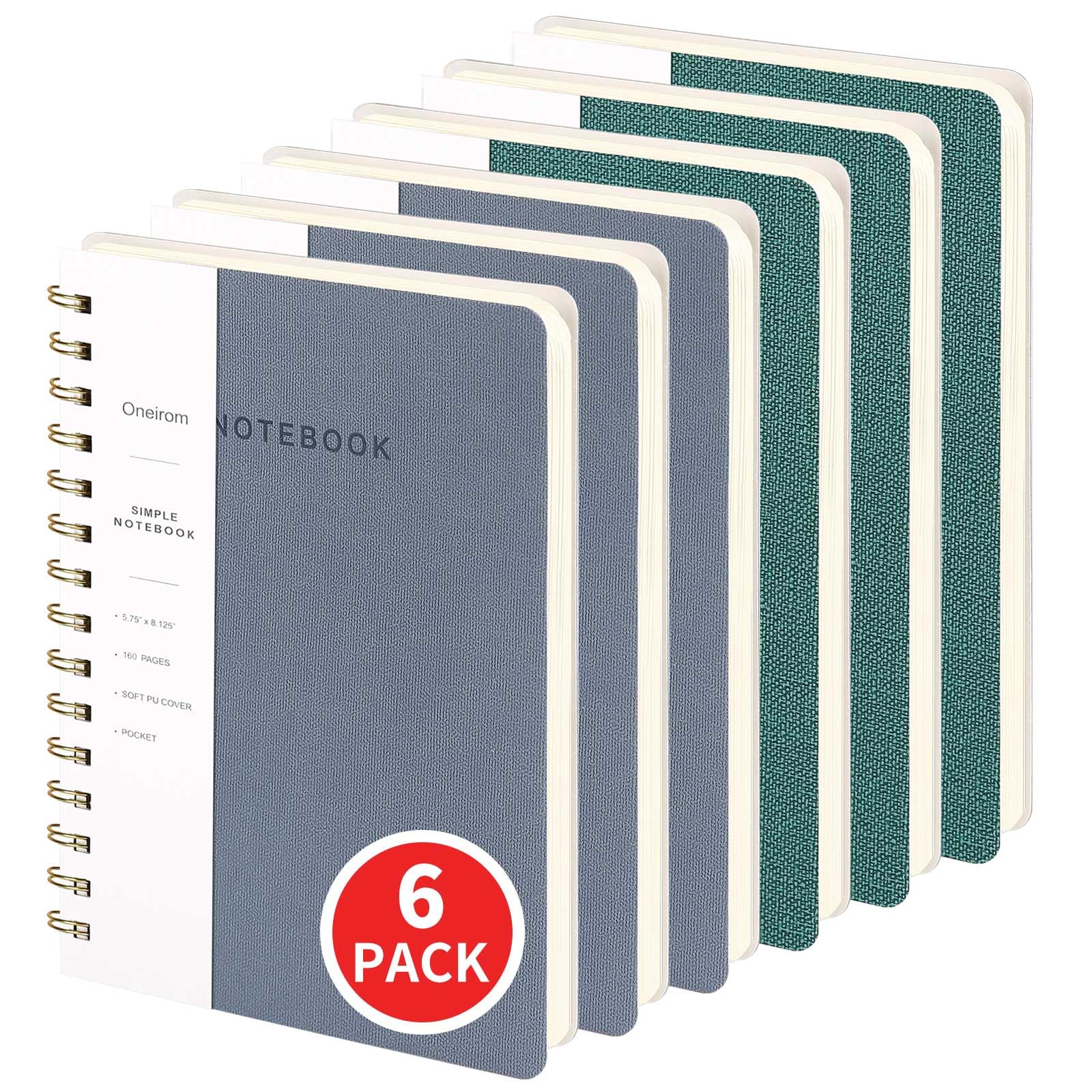 Quaderno a spirale a righe, formato A5, per prendere appunti, 160 pagine, per ufficio e casa, materiale scolastico, 14,6 x 20,6 cm (confezione da 6, 3 blu reefblue/3 verde)