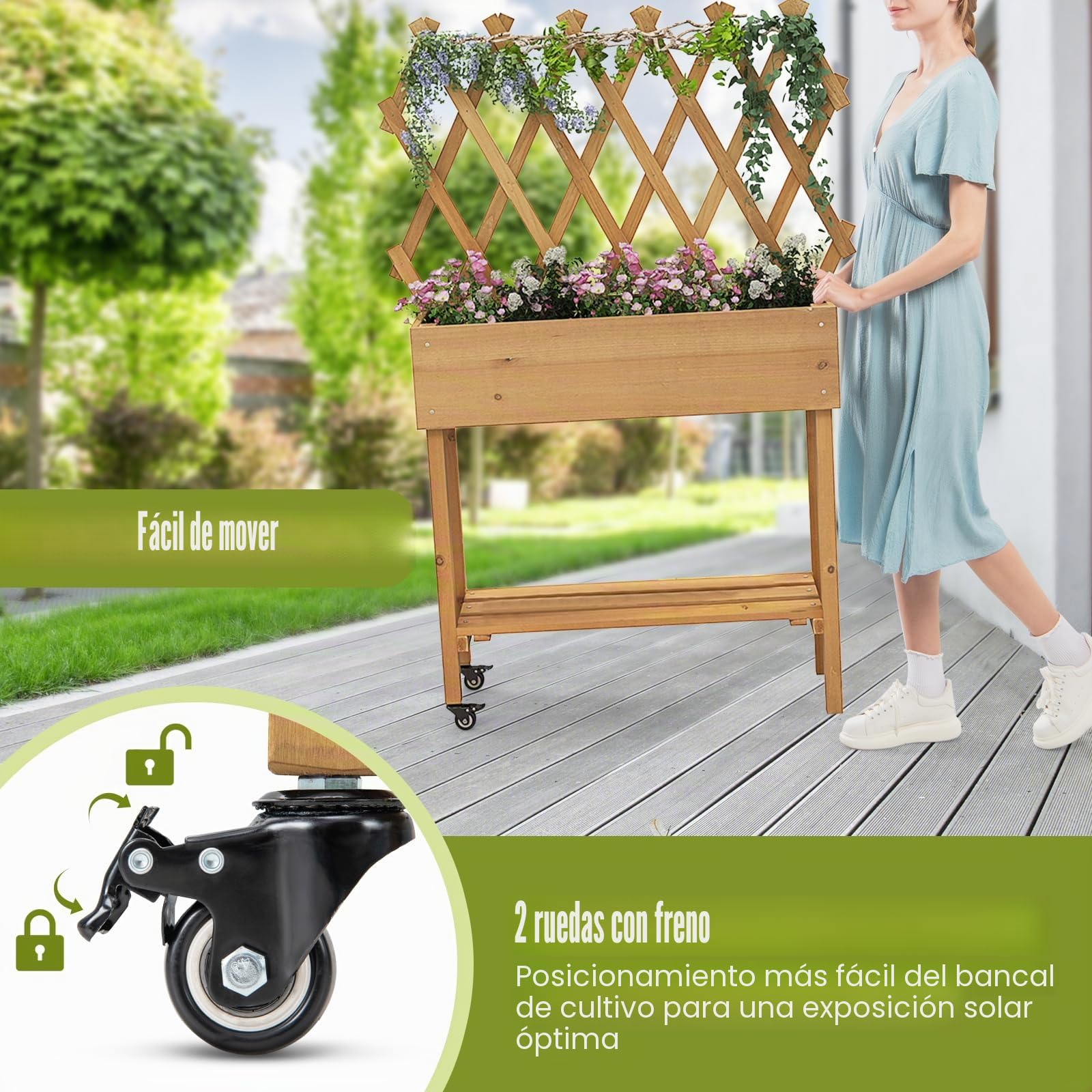 GOPLUS Huerto Urbano con Enrejado y Estante | Jardinera Elevada con Ruedas, Orificios de Drenaje, Macetero Exterior para Patio Jardín Balcón, 90 x 29 x 129 cm