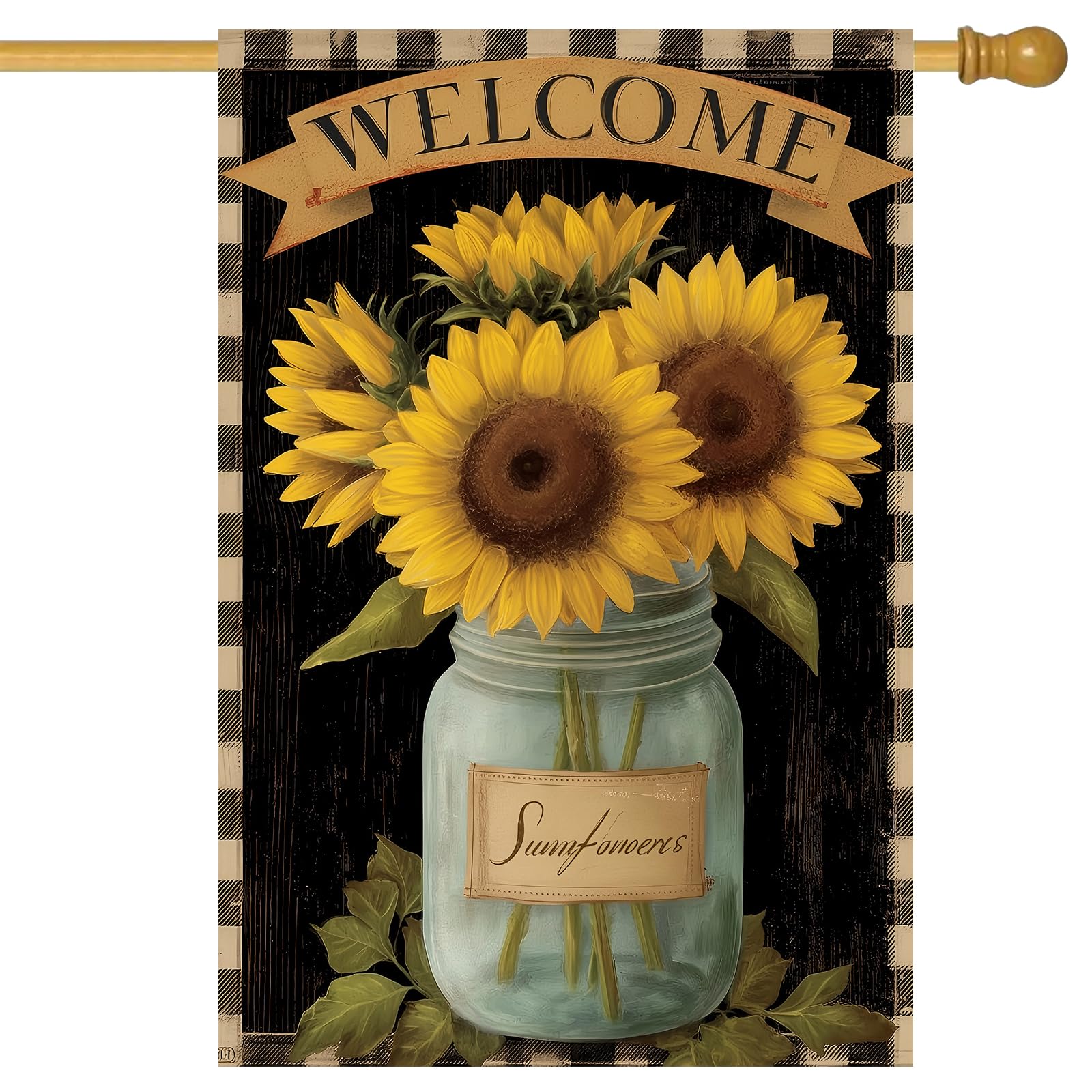 BlissYard Sunflower House Flag 28 x 40 Inch Welcome Summer Farmhouse Decor | Double Sided polyester, sunflowers in a rustic jar, black and white