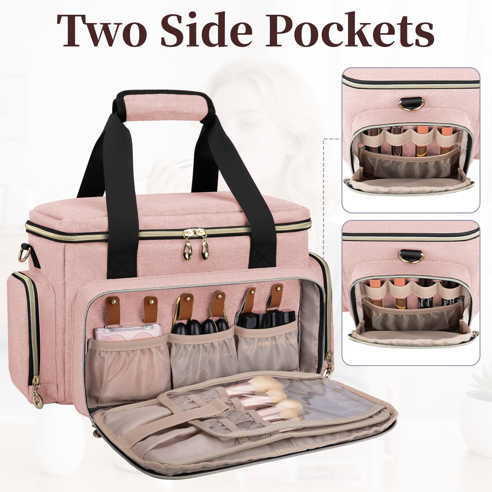GDNasist Grande borsa di trucco, borsa portatile di trucco di viaggio, rosa, 13.58" L * 7.87" W * and 9.45" H, Classico