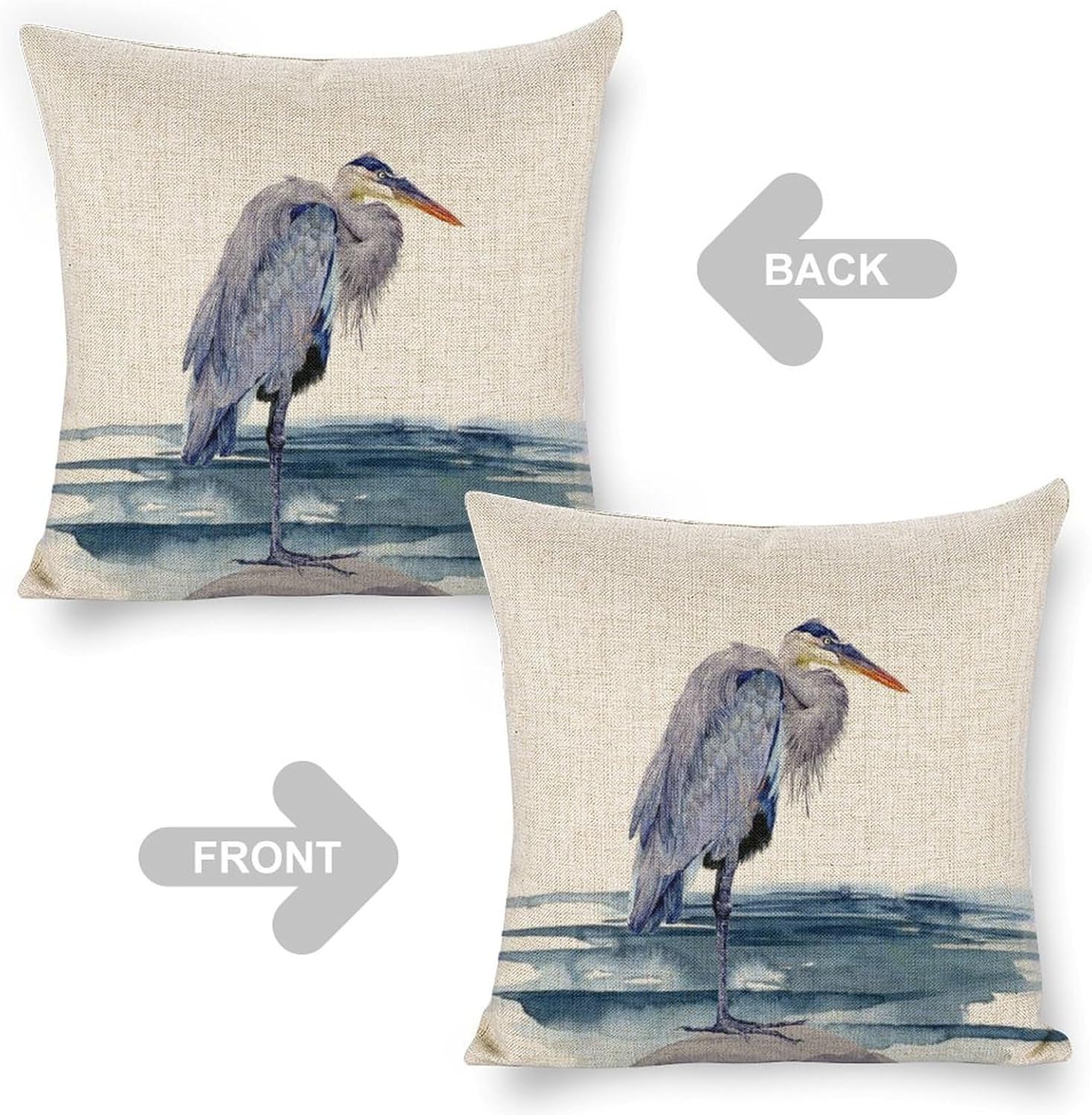 Linen Pillow Cases Standard Size Set of 2 - 18x18 Inch Decorative Cushion Cases with Blue Heron Bird Print - Premium Home Decor Pillow Covers - Couch Pillows for Living Room Indoor Sofa Bed Decors