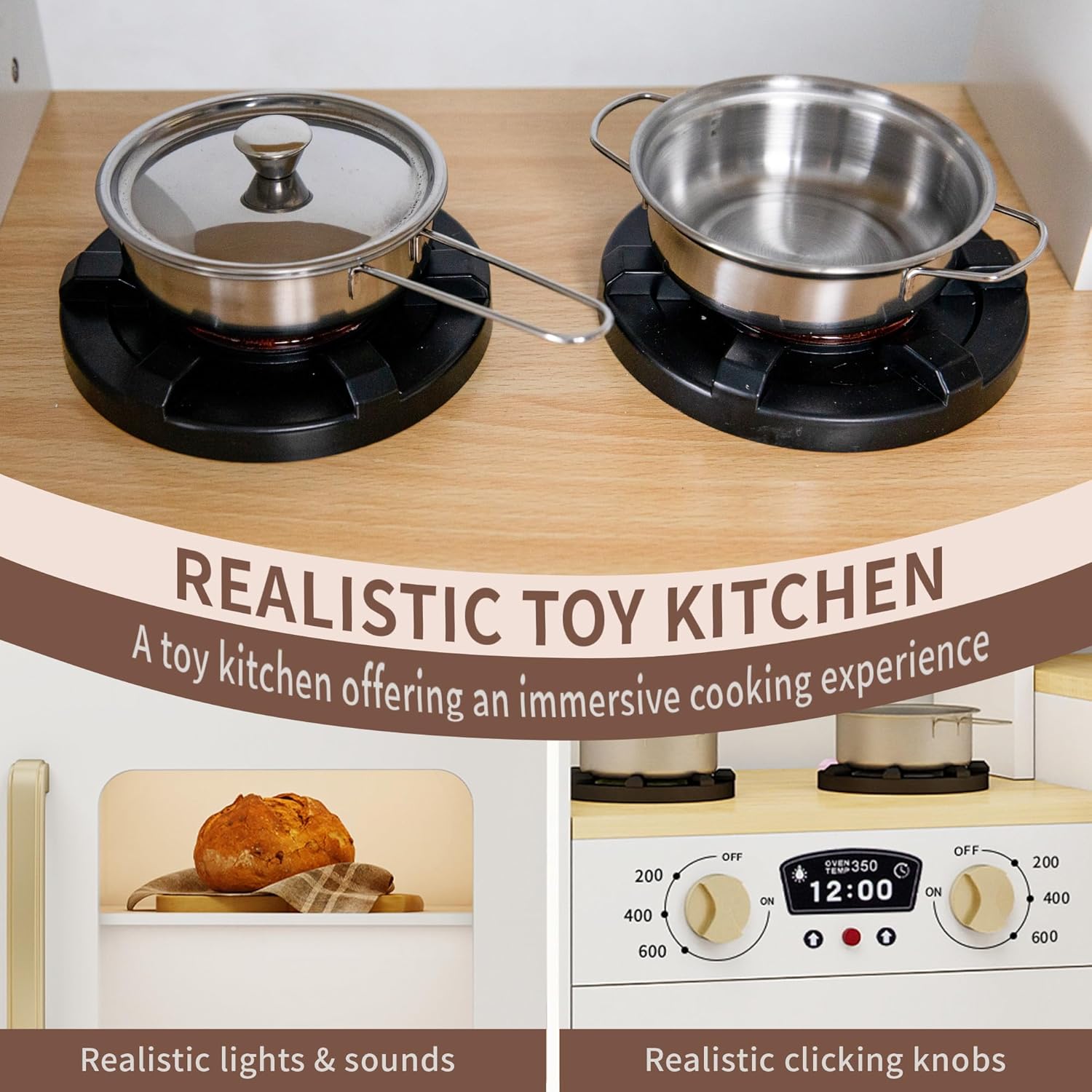 Kids Kitchen Playset with Lights & Sounds, Wooden Corner Play Kitchen with Sink,Oven, Ice Maker & Pretend Play Accessories, Educational Toy Kitchen Set for Toddlers, White