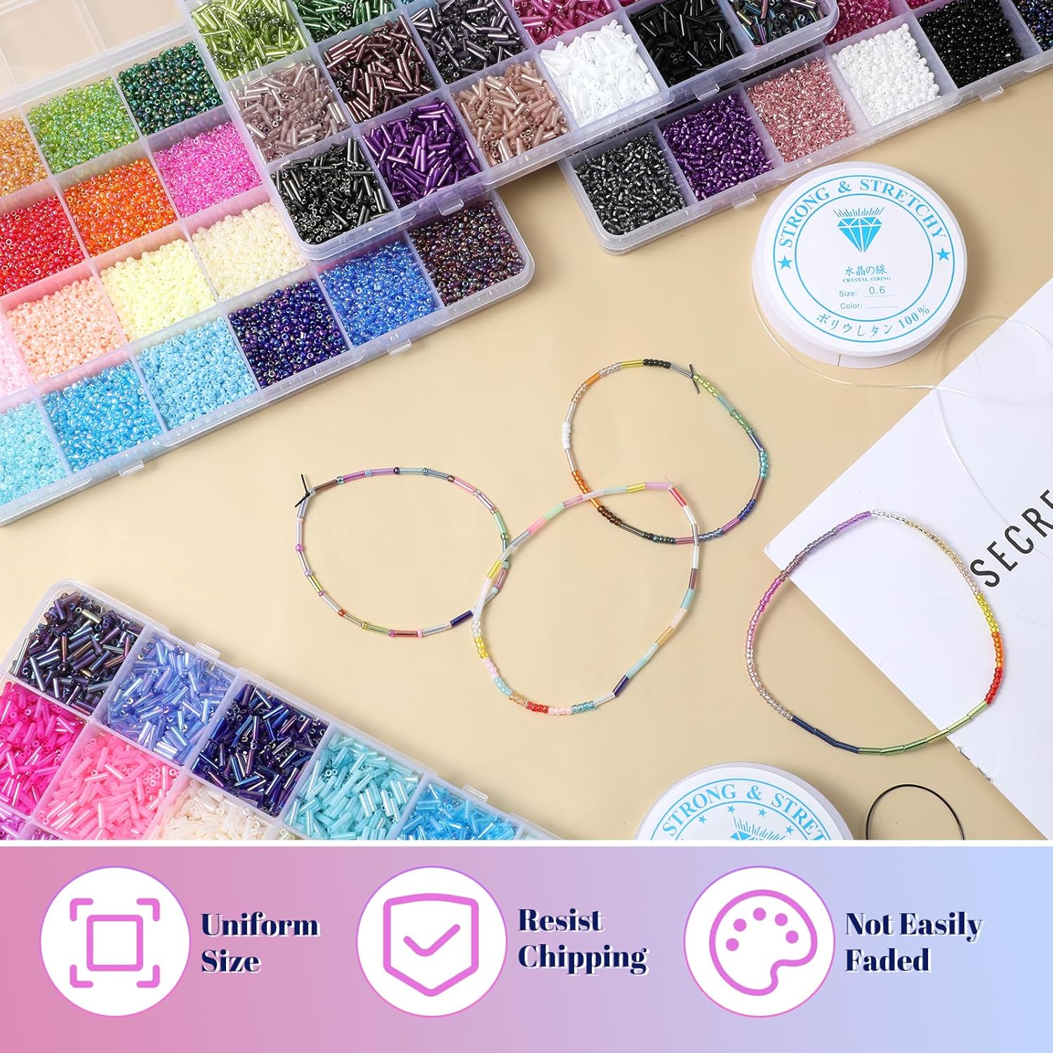 32000 Pcs 2mm Glass Seed Beads Small Craft Beads and 12000 Pcs 7mm Tube Bead Set, Glass Seed Bead Kit for DIY Bracelet Necklaces Crafting Supplies with Elastic Strings Beading Needles 96 Colors - Image 6
