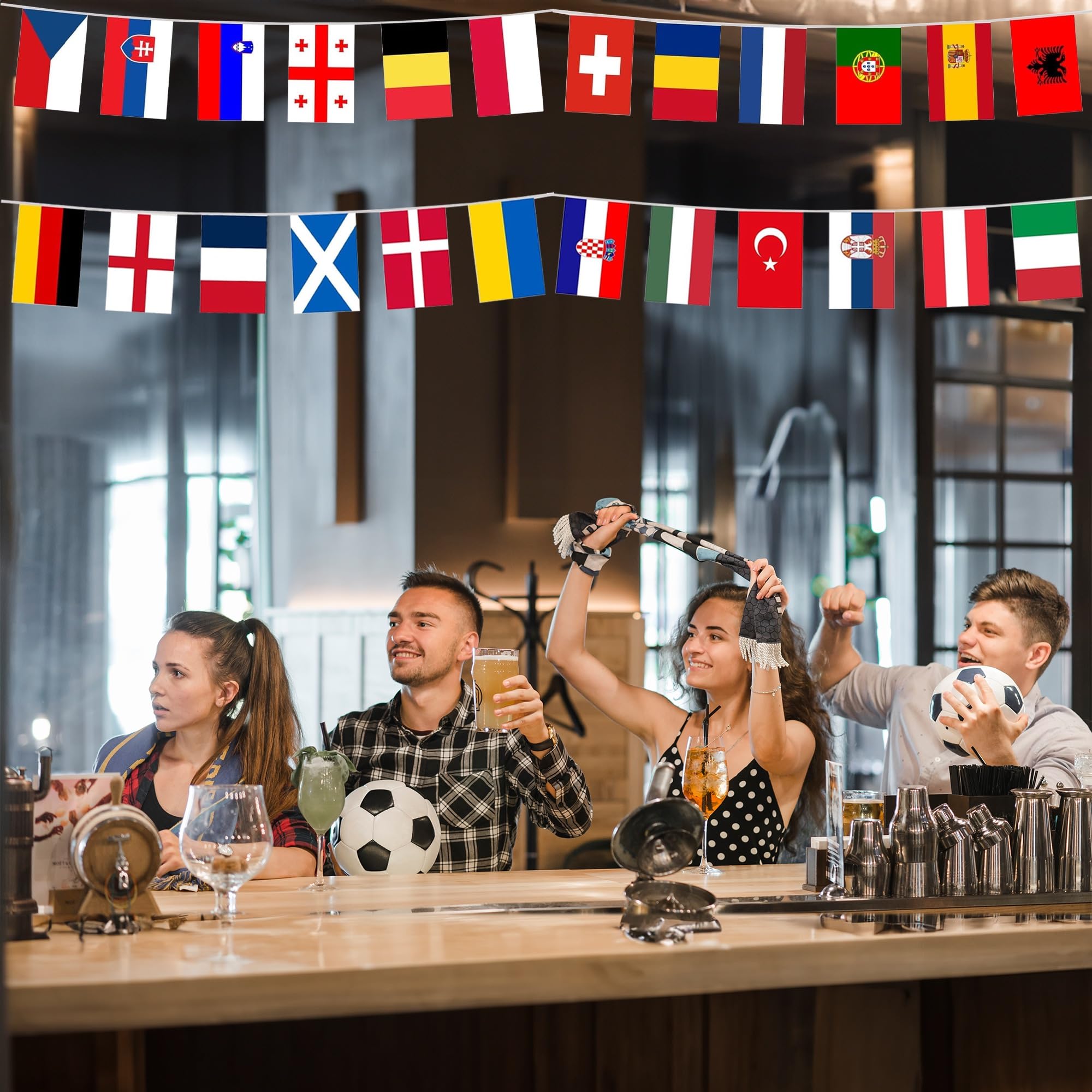 EM 2024 Wimpelkette Mit 24 Nationalflaggen – 8 Meter Lang, Polyester, Für Garten, Party, Bar
