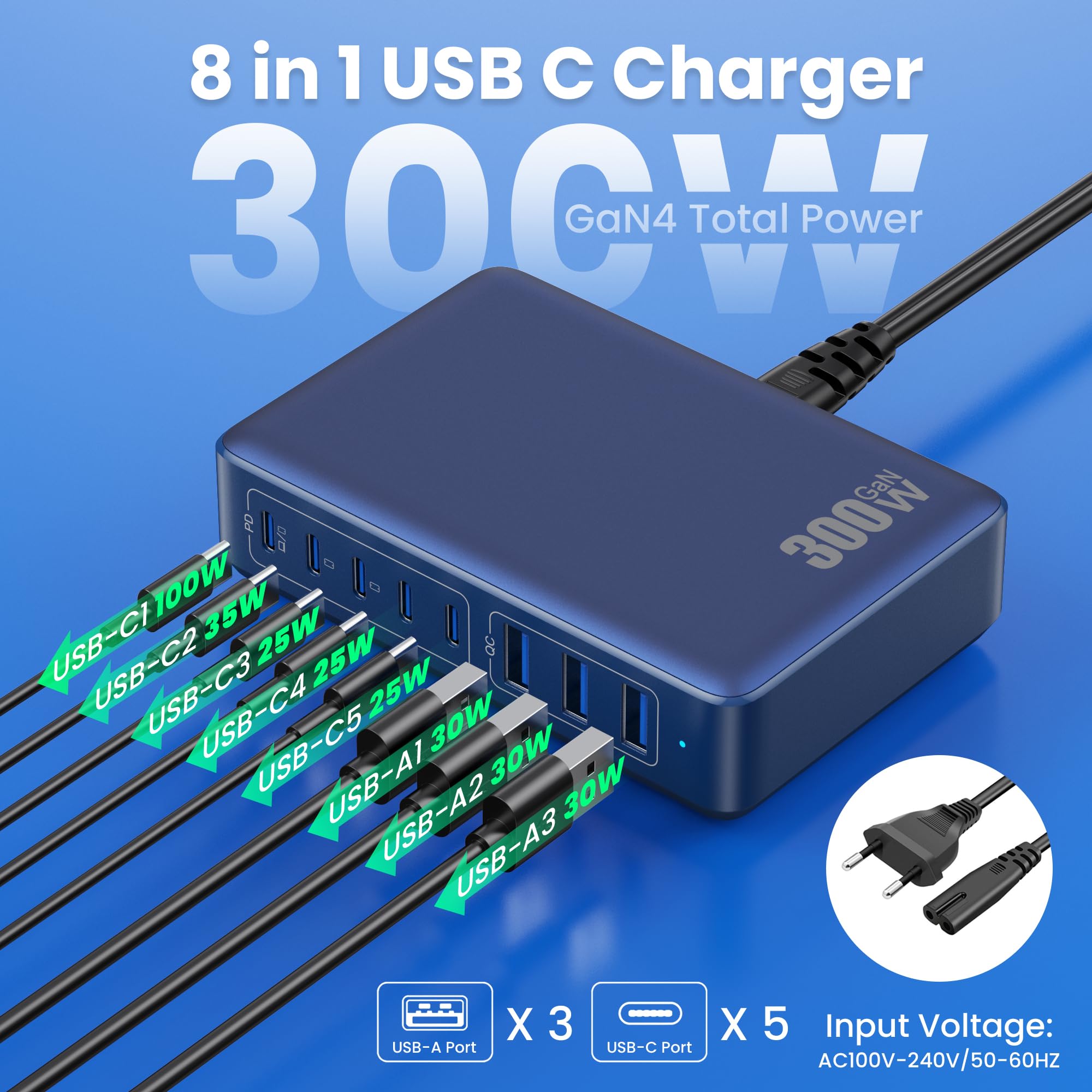 300W Caricatore USB C Multiplo, GaN Ⅳ 8 Port 100W PD Caricabatterie USB C PPS QC Alimentatore USB Multipla Stazione di Ricarica Presa USB per MacBook Air/Pro iPhone iPad Samsung SteamDeck-Blu Scuro