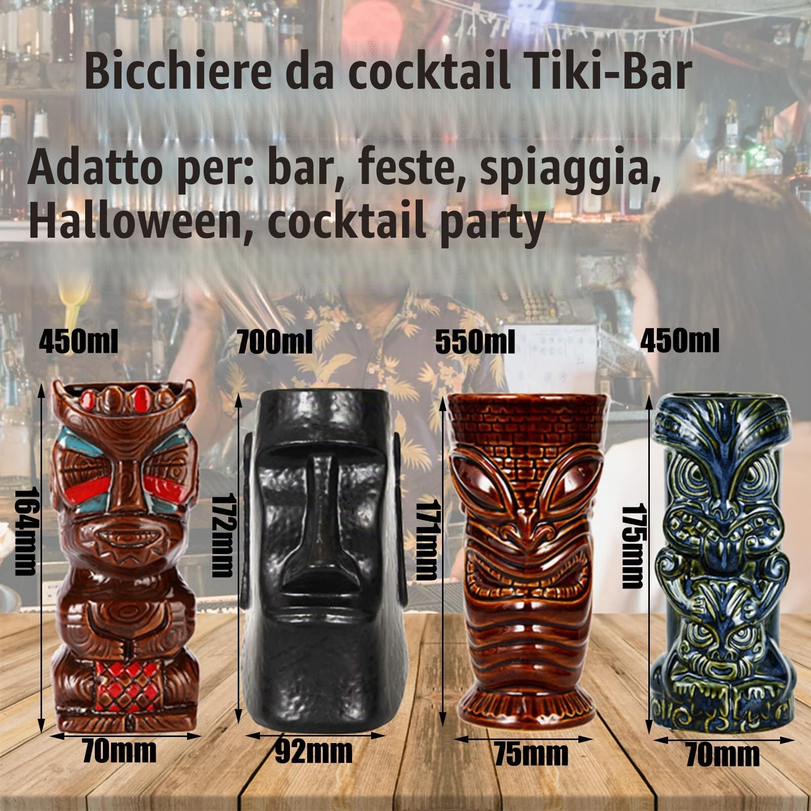 Tiki Mug, Hawaii Tiki Cup, bicchieri da cocktail, ceramica, set di 18 tazze, tazze da cocktail, per feste esotiche