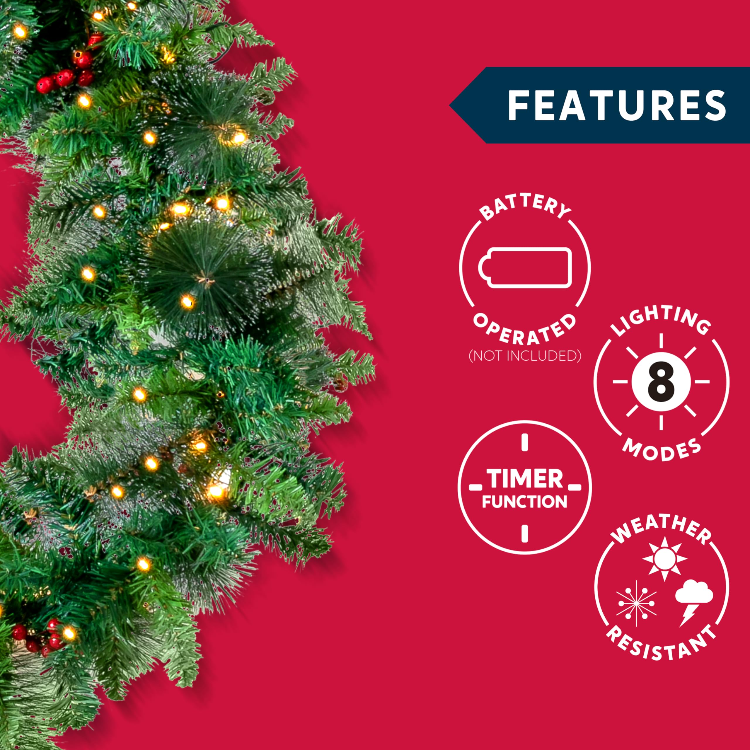 Joyin Künstliche Weihnachtsgirlande Carolina-Kiefer, 2,7 m x 25,4 cm Prelit Christmas Garland with 50 Warm White Lights & red Berries, Artificial Garland for Christmas Holiday Season Decorations