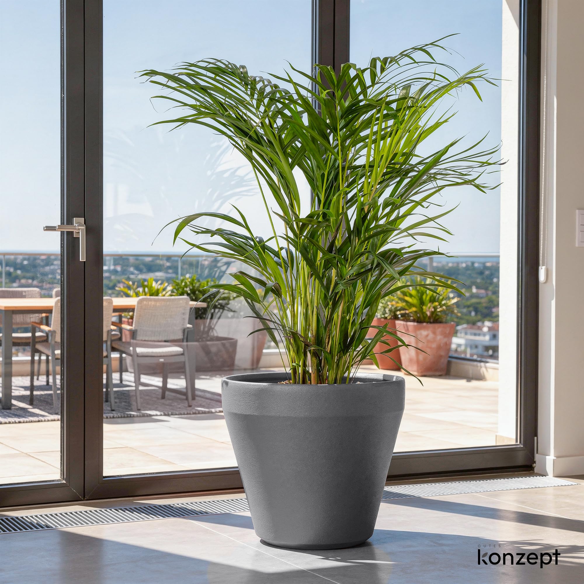 KONZEPT Übertopf groß 40 cm Durchmesser aus Kunststoff, 30 L, Anthrazit - Blumentopf in Ton-Optik, Kratzunempfindlich, UV- & Frostbeständig, für Innen & Außen geeignet