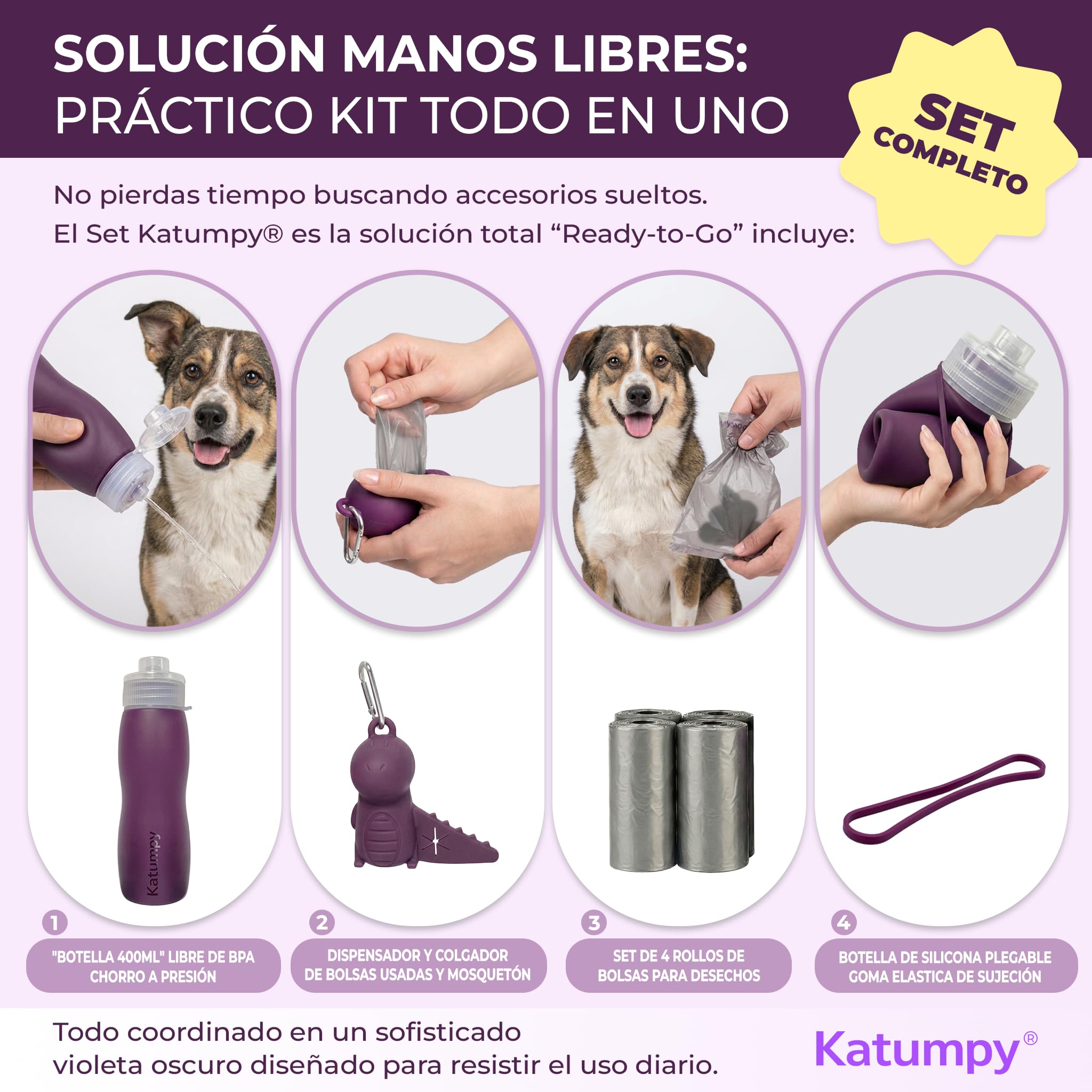 Set per la pulizia della bottiglia Pipi Cane | Bottiglia in silicone pieghevole, portatile e antigoccia da 400 ml | Include dispenser per sacchetti usati e 4 rotoli di sacchetti per cani |