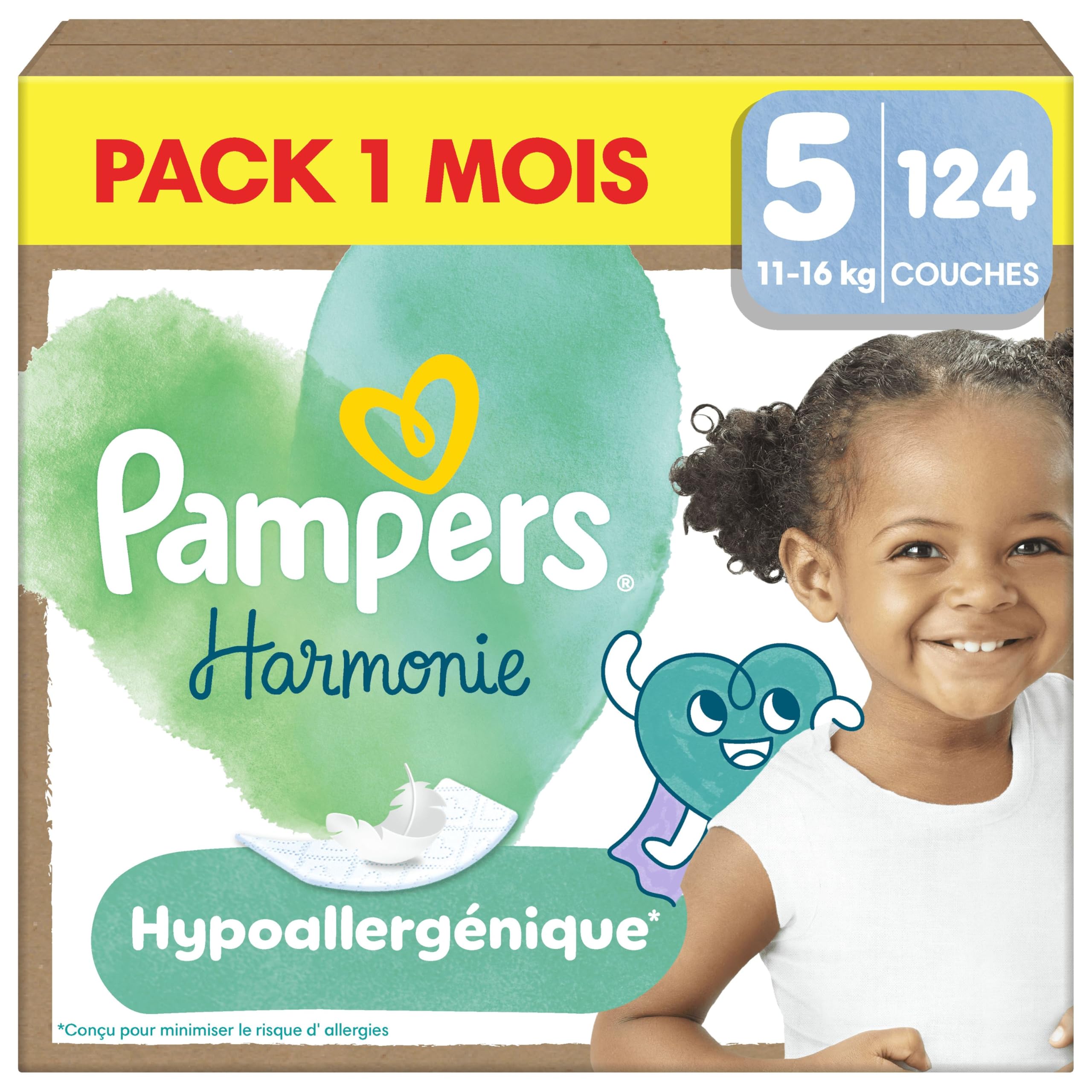 Pampers Harmonie Couches Édition Limitée, Taille 5, 124 Couches, 11kg-16kg, Conçues Pour Les Peaux Les Plus Sensibles, Pack 1 Mois
