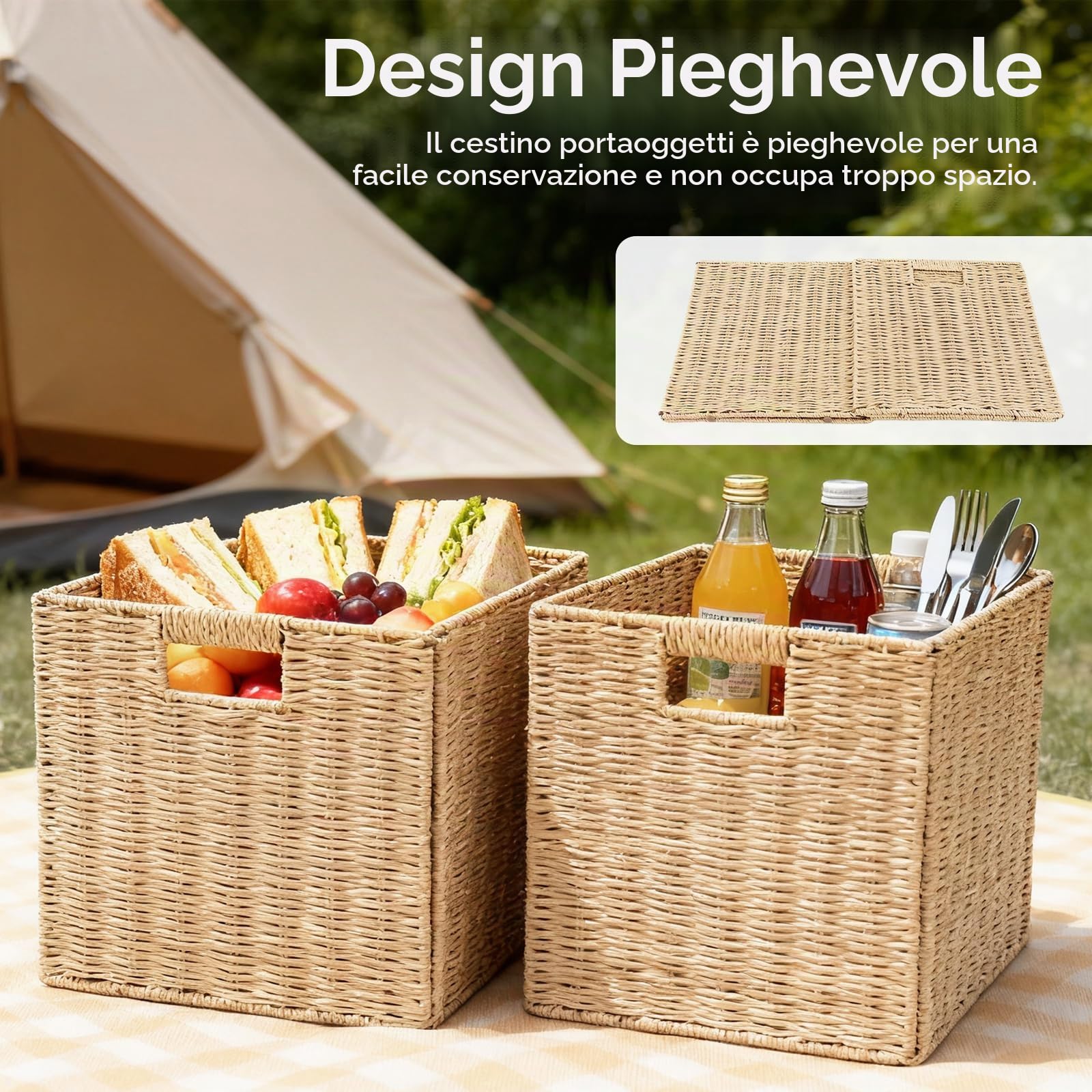 Cestini Portaoggetti, 2 Pezzi Cestini Da Cucina Intrecciati Con Manici Organizer Pieghevole In Giunco ​​Marino Multifunzionali Per Cucina Bagno Camera Da Letto - 28 * 28 * 28cm