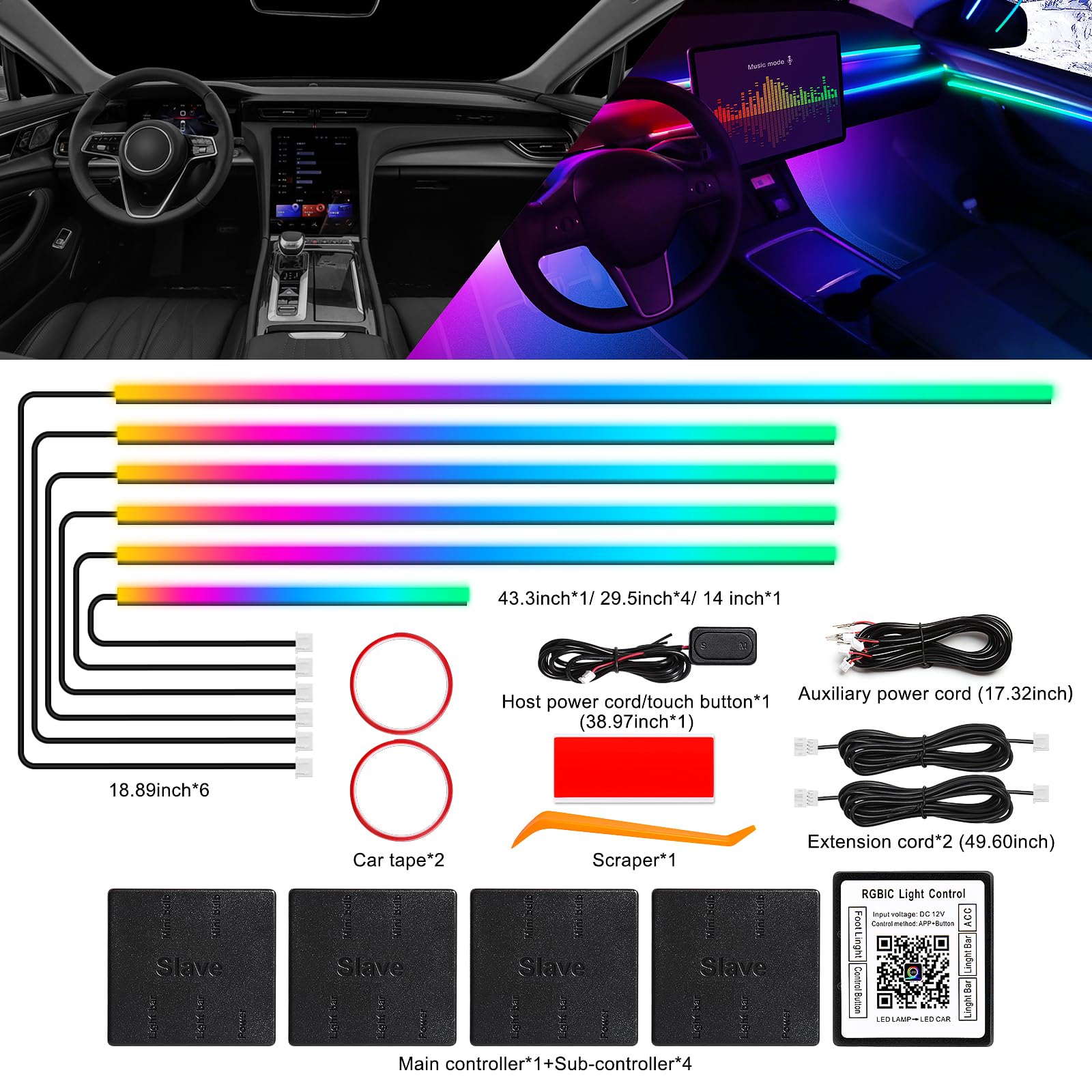 Striscia LED acrilica Dream+Color per interni dell'auto con APP wireless, RGB 6 in 1 con 175 pollici, 612 LED, kit di illuminazione ambientale a fibra ottica, strisce LED al neon dinamiche con