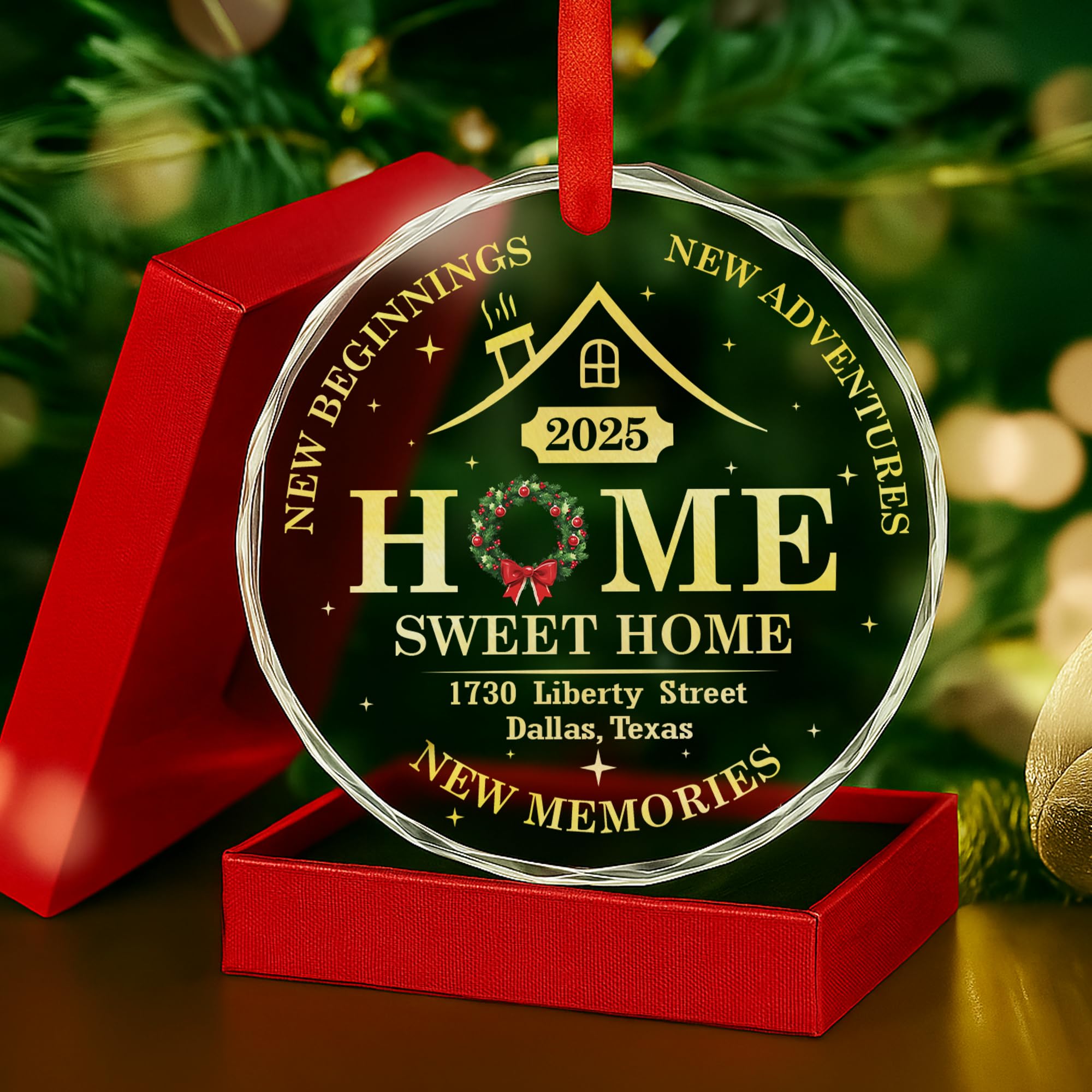 Personalized Glass Ornament Home Sweet Home – First Home Ornament 2025 with Address, Our New Housewarming Christmas Keepsake, Custom Family, New Beginnings Glass Tree Decoration