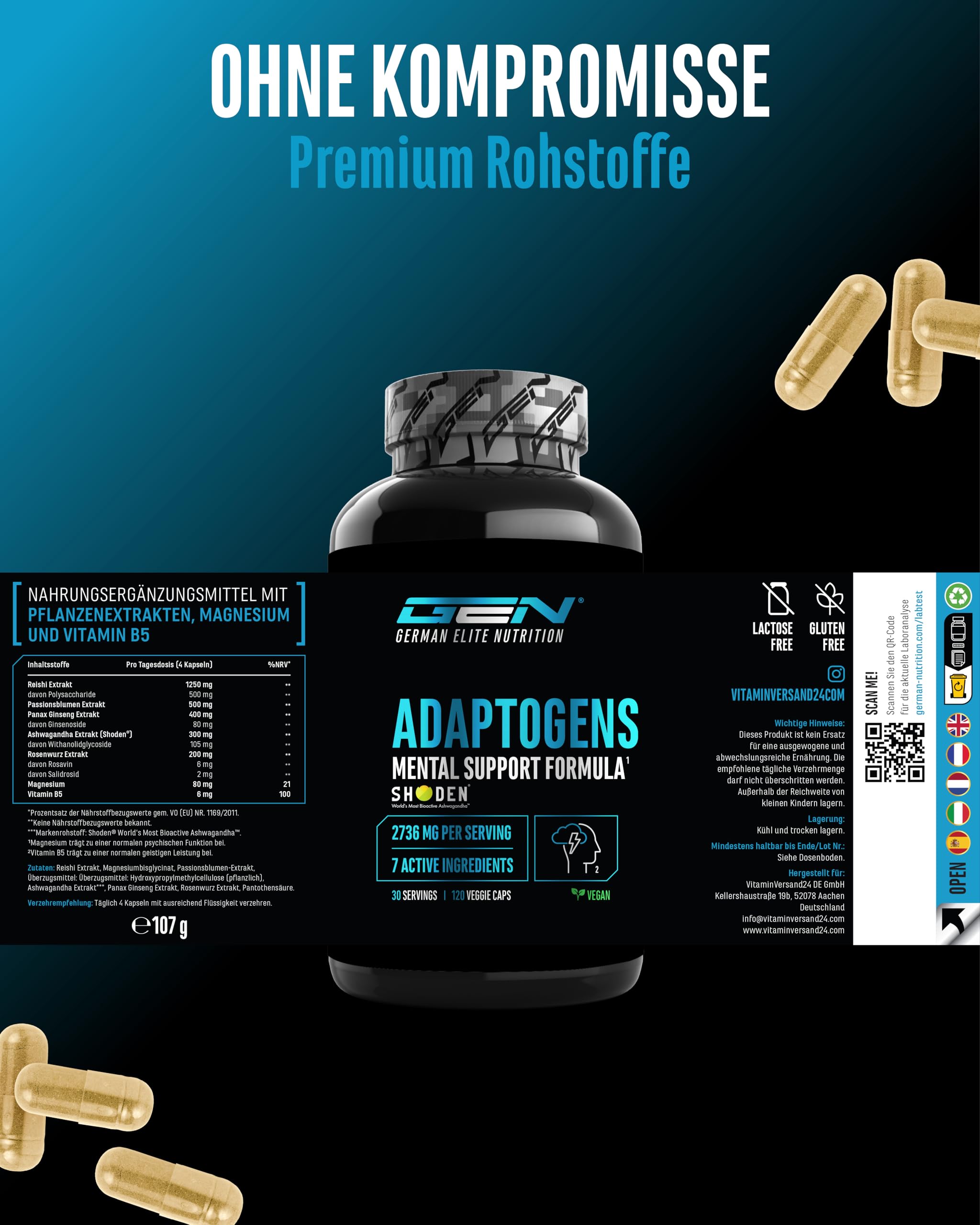 Adaptogene Komplex - Antistress & Relax Support mit Shoden® Ashwagandha, Reishi, Ginseng, Passionsblumen, Rosenwurz Extrakt - Magnesium - Vegan - 120 Kapseln