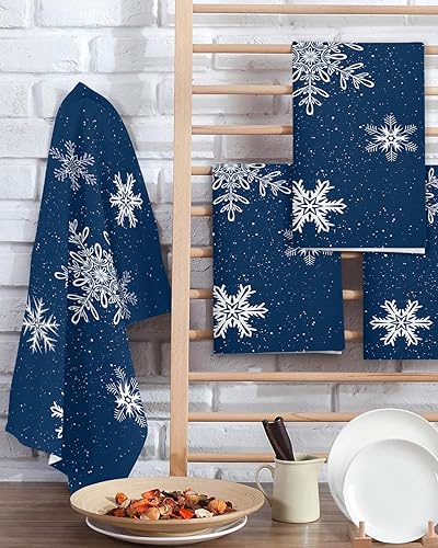 Miniatura 2 de Juego de 2 toallas de cocina de tejido de punto gofre de algodón, copos de nieve de Navidad, 16 x 24 pulgadas, absorbentes, de secado rápido, para