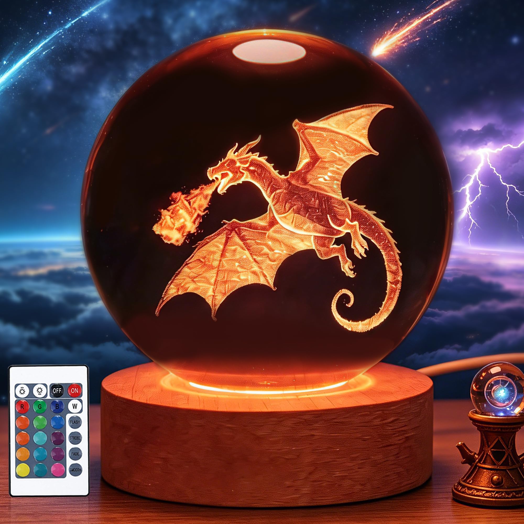 OkiyiD Dragon Night Light, Dragon Crystal Ball 3.15 Inch (80mm) Lamp with 16 Colors, Wyvern Dragons Gifts for Kids Boys Birthday Xmas, Boys Room Decor Accessories Ornaments
